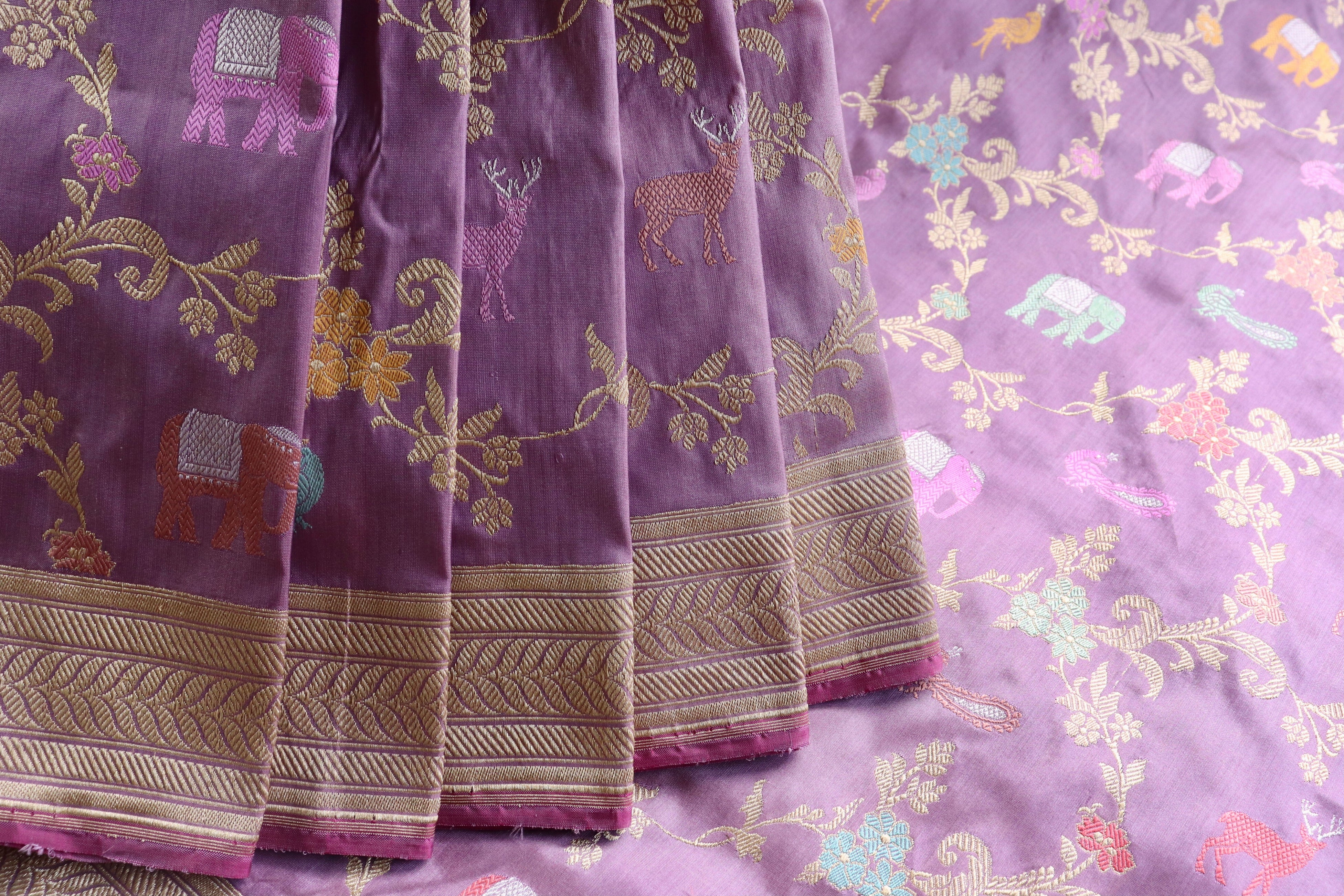 Deep Lilac Kadhua Shikargah Pure Silk Handloom Banarasi Saree