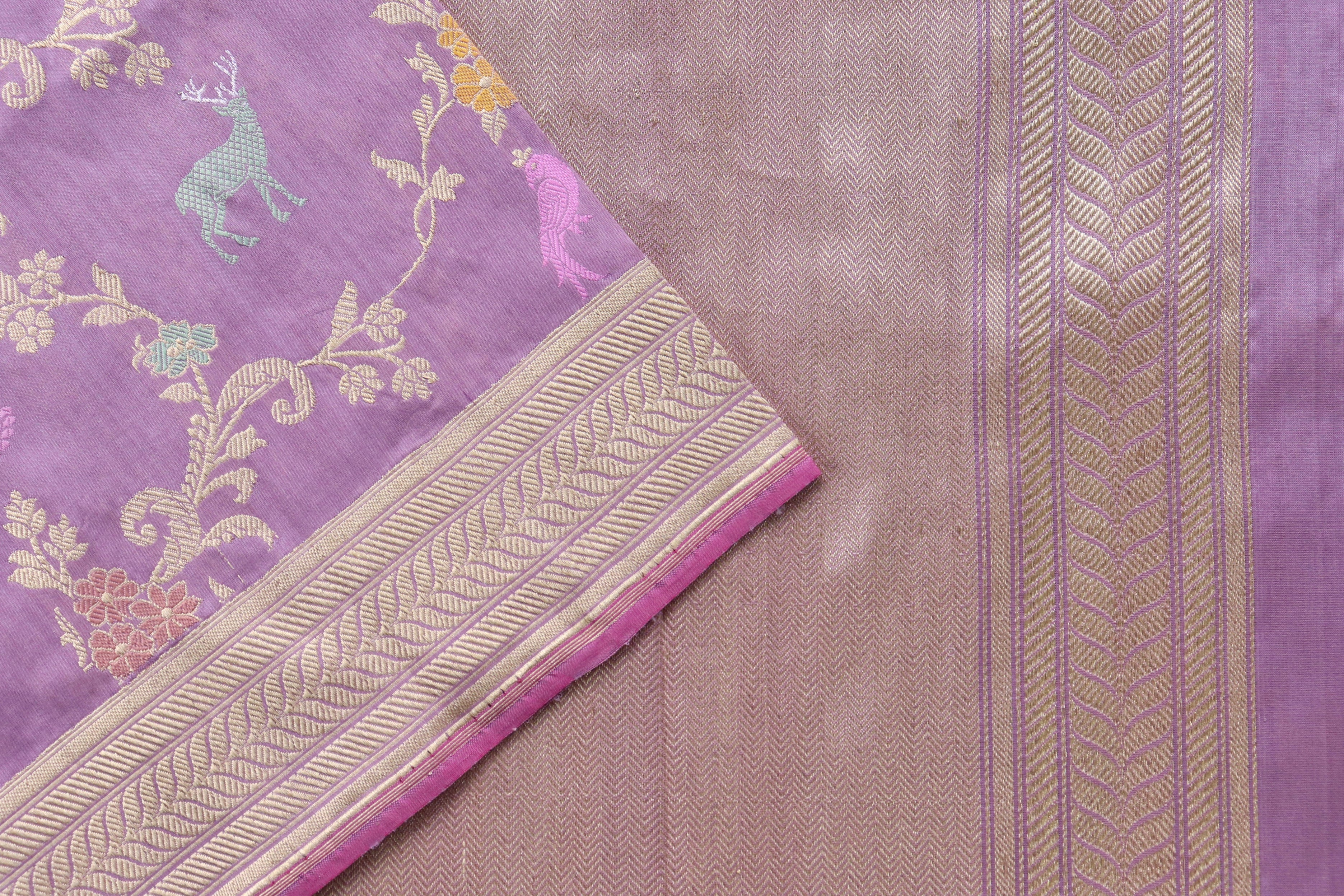 Deep Lilac Kadhua Shikargah Pure Silk Handloom Banarasi Saree