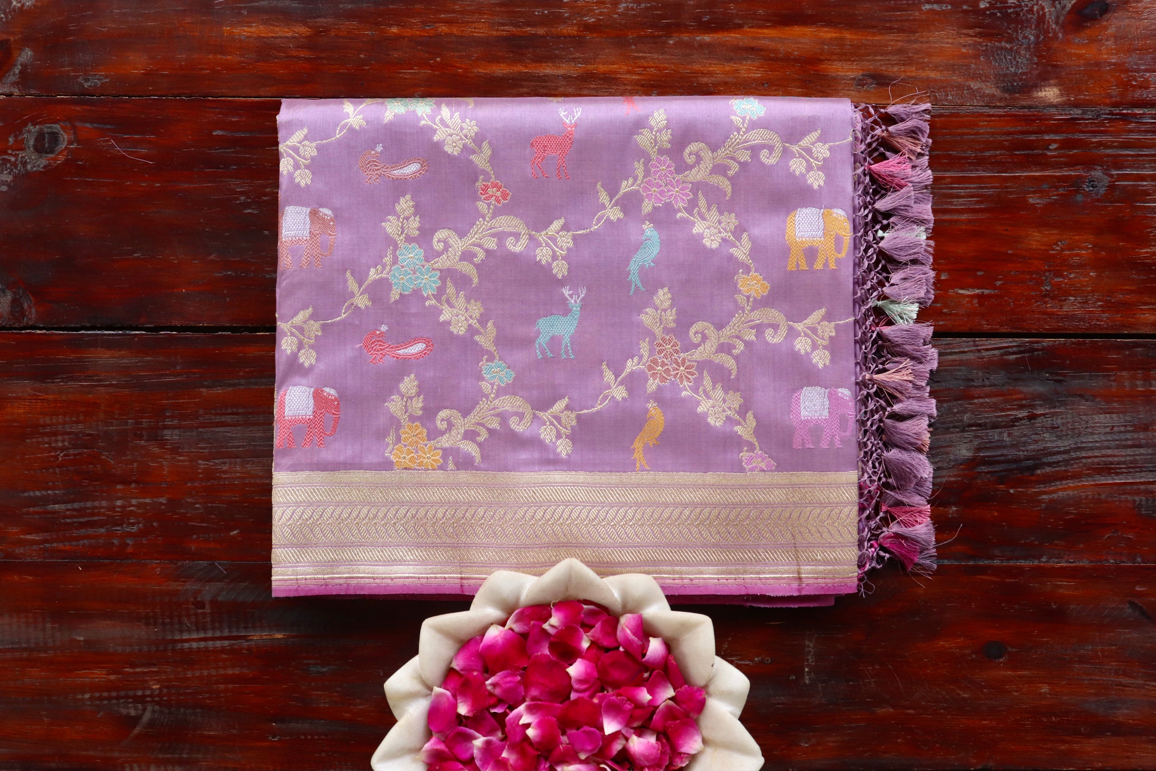 Deep Lilac Kadhua Shikargah Pure Silk Handloom Banarasi Saree