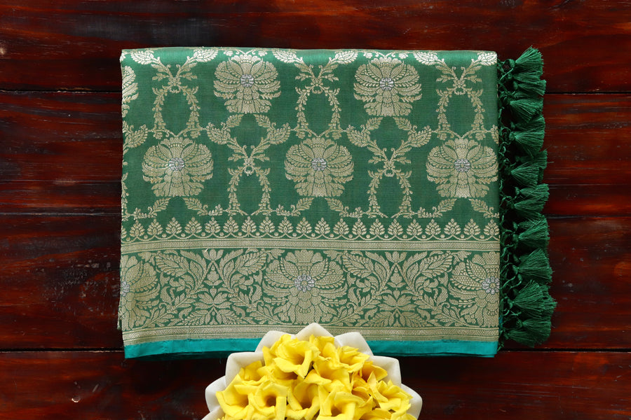 Green Chinar Pure Silk Banarasi Jangla Saree | Stuti Weaves