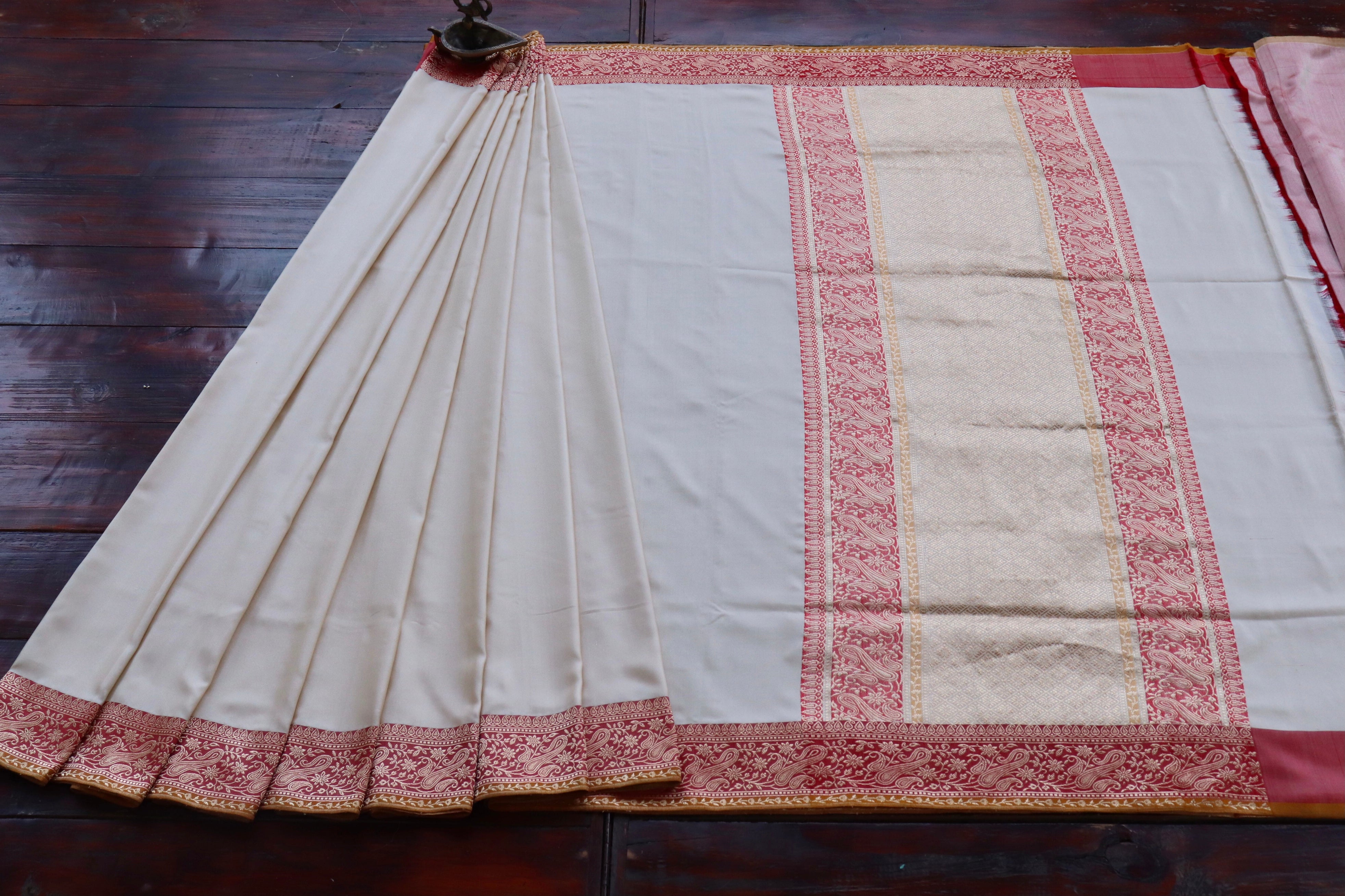 Off White and Red Banarasi Handwoven Silk Saree