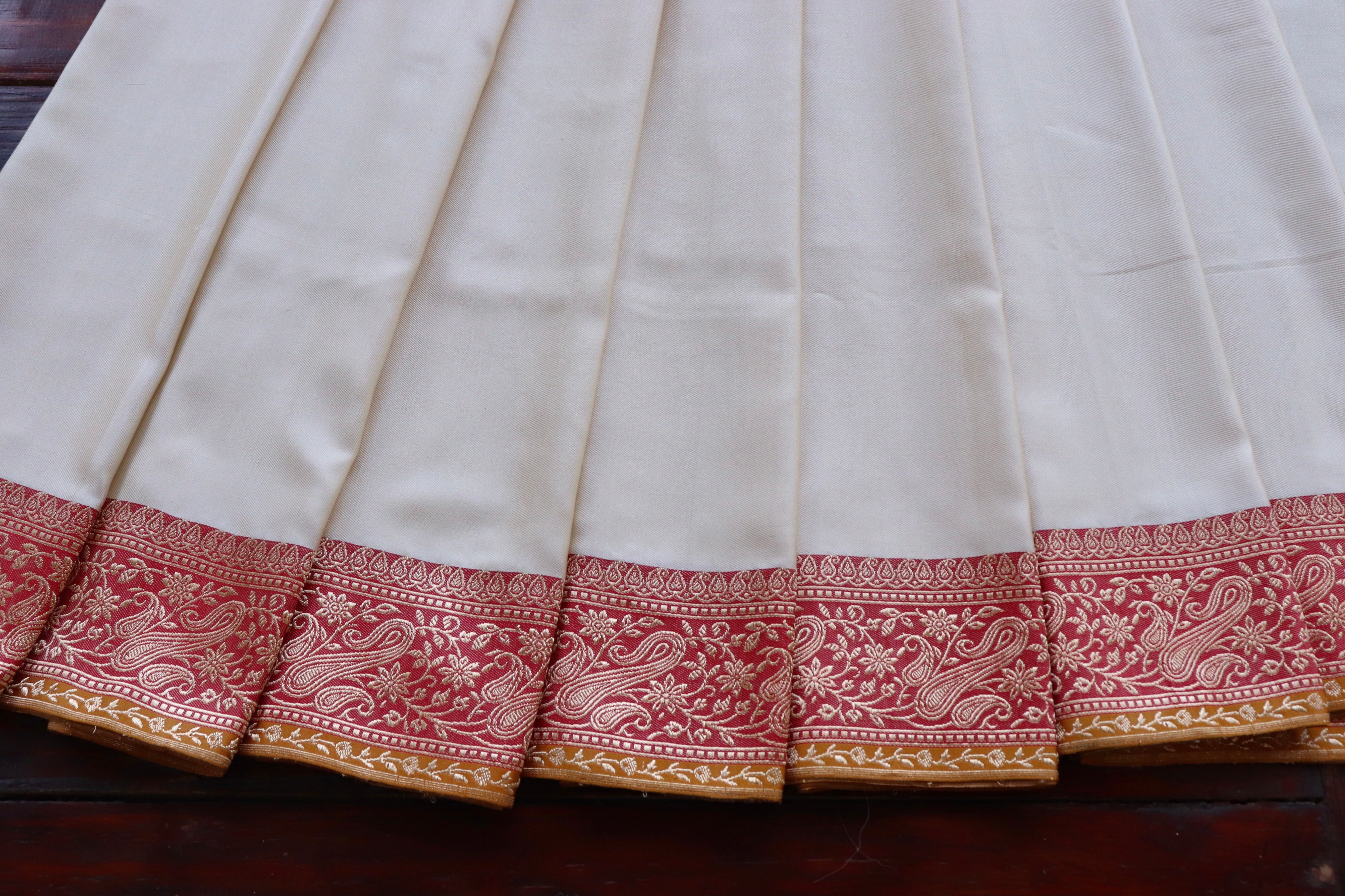 Off White and Red Banarasi Handwoven Silk Saree