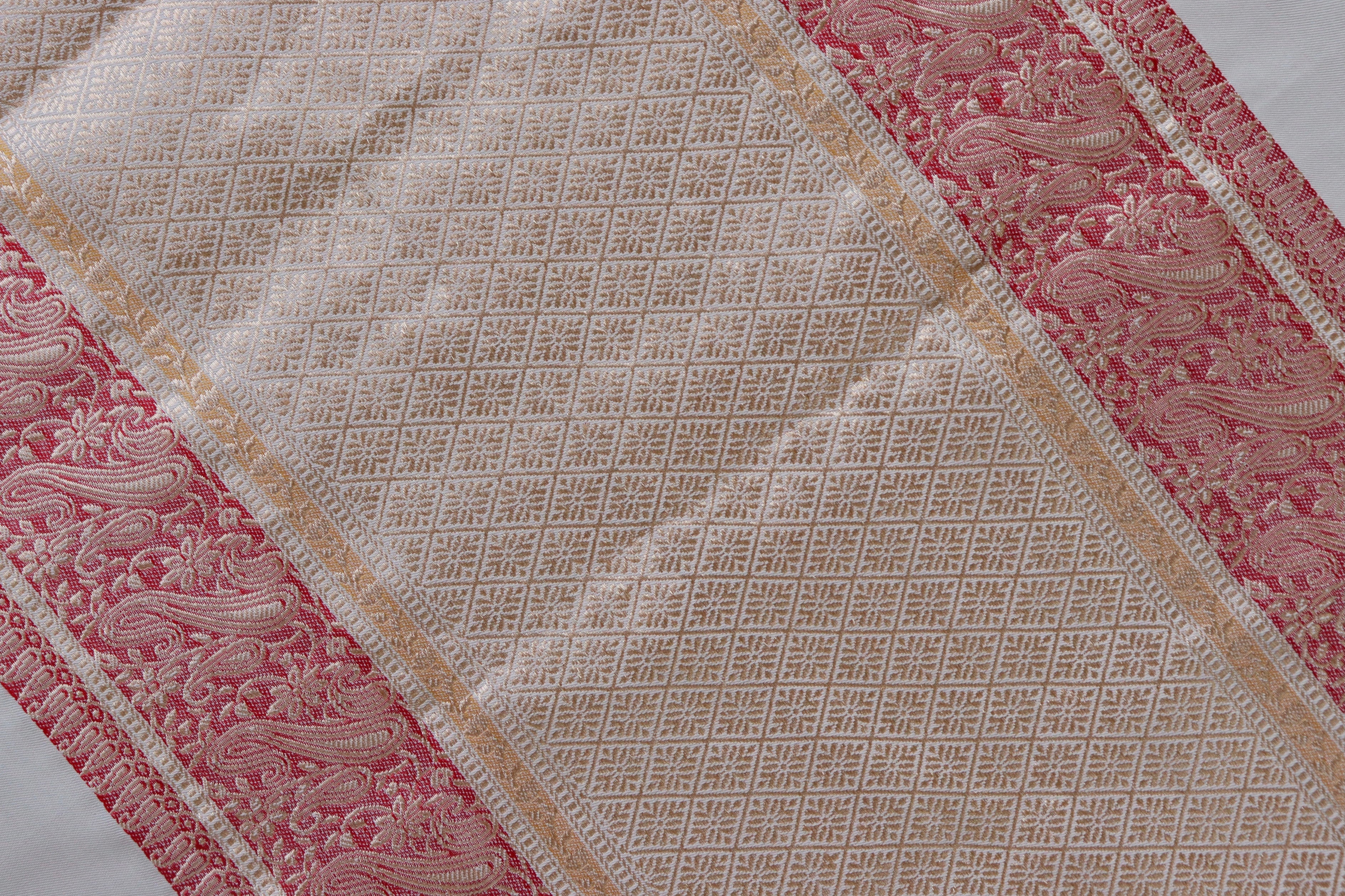 Off White and Red Banarasi Handwoven Silk Saree