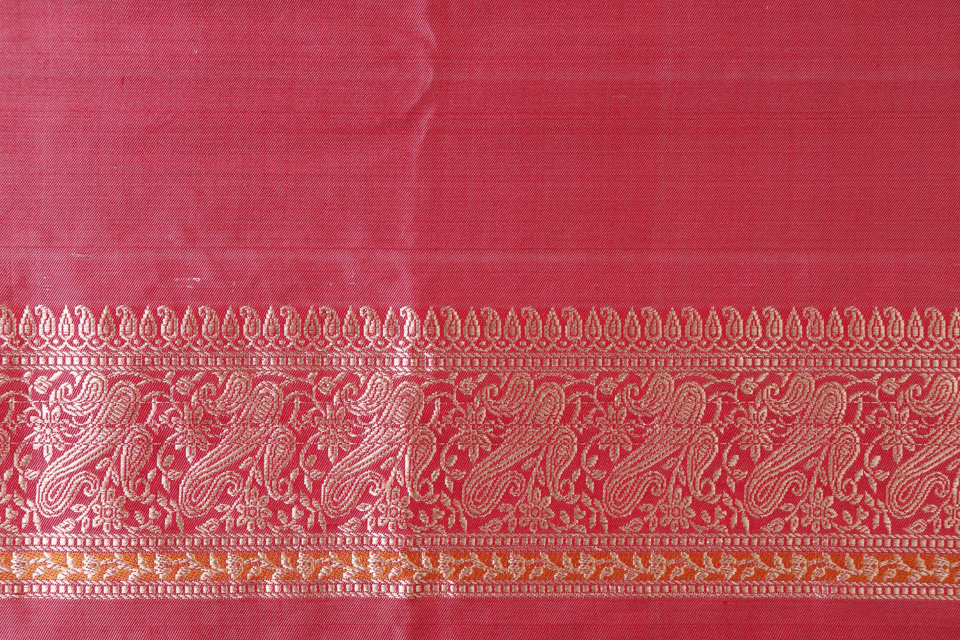 Off White and Red Banarasi Handwoven Silk Saree