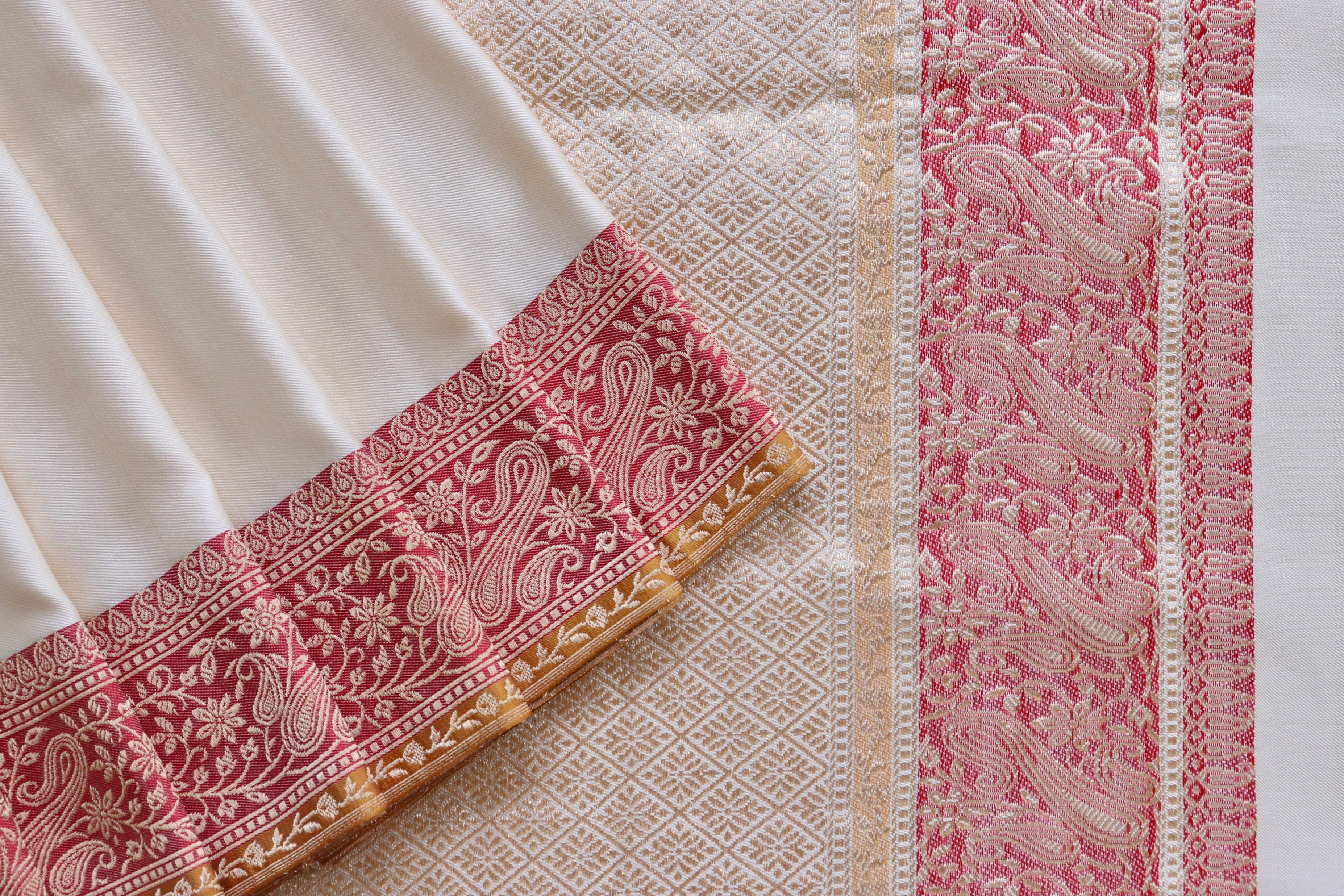 Off White and Red Banarasi Handwoven Silk Saree