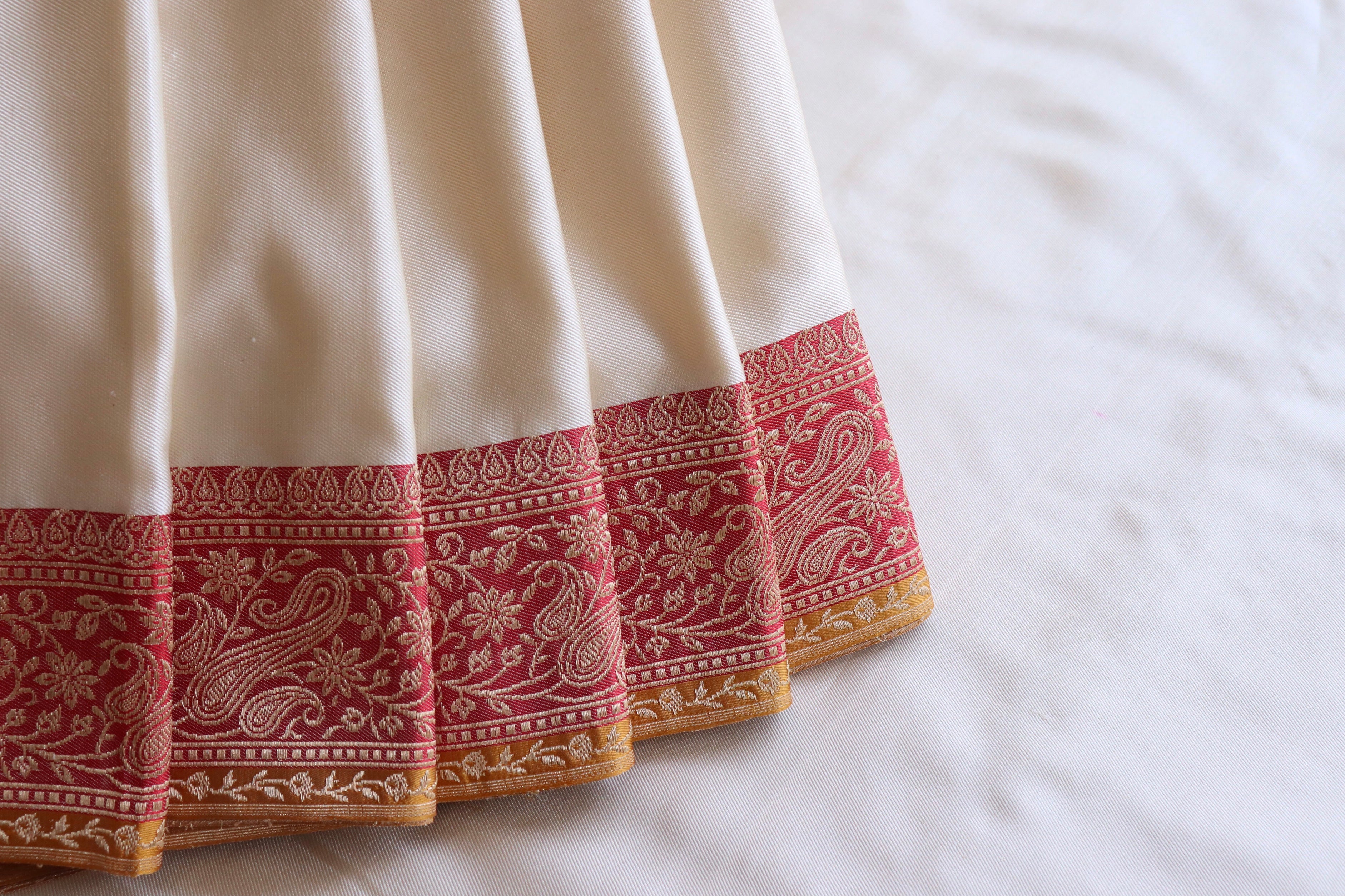 Off White and Red Banarasi Handwoven Silk Saree
