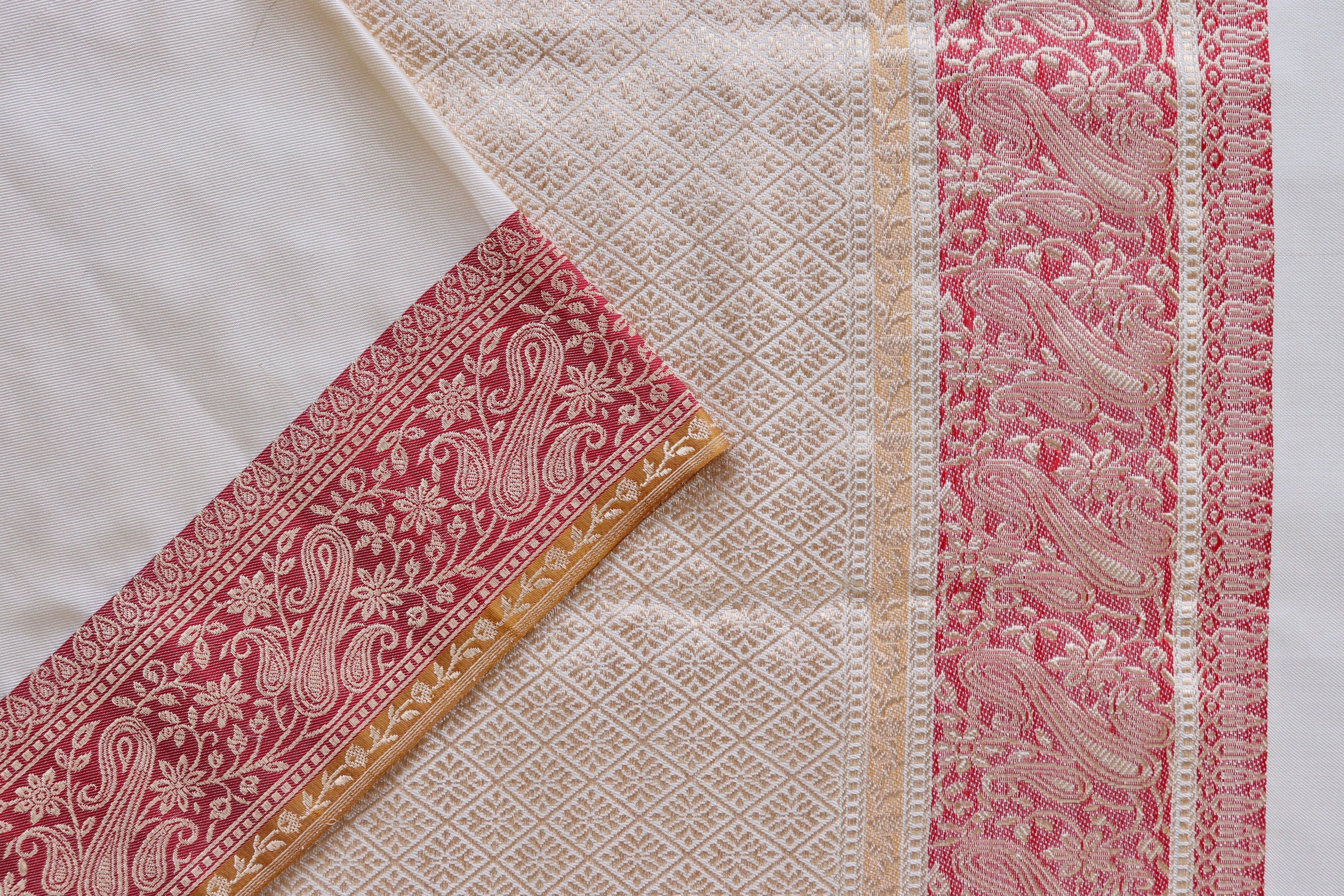 Off White and Red Banarasi Handwoven Silk Saree