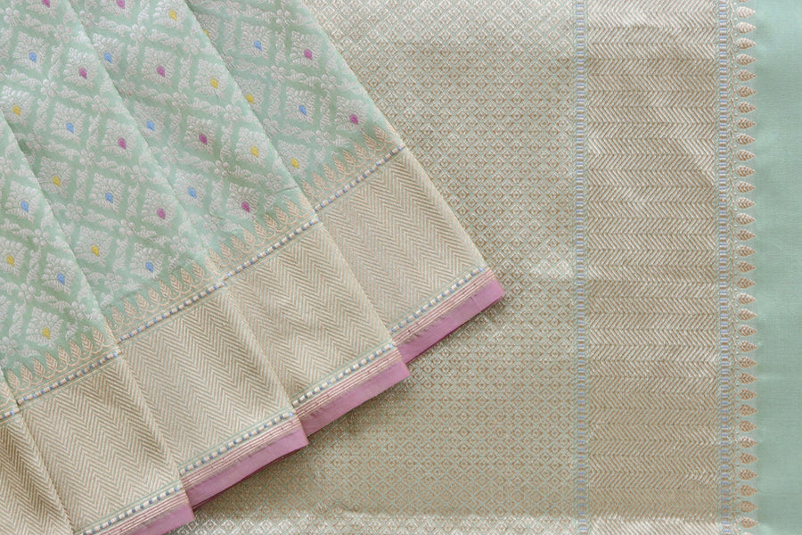 Pistachio Green Meenadar Handwoven Banarasi Tanchoi Silk Saree