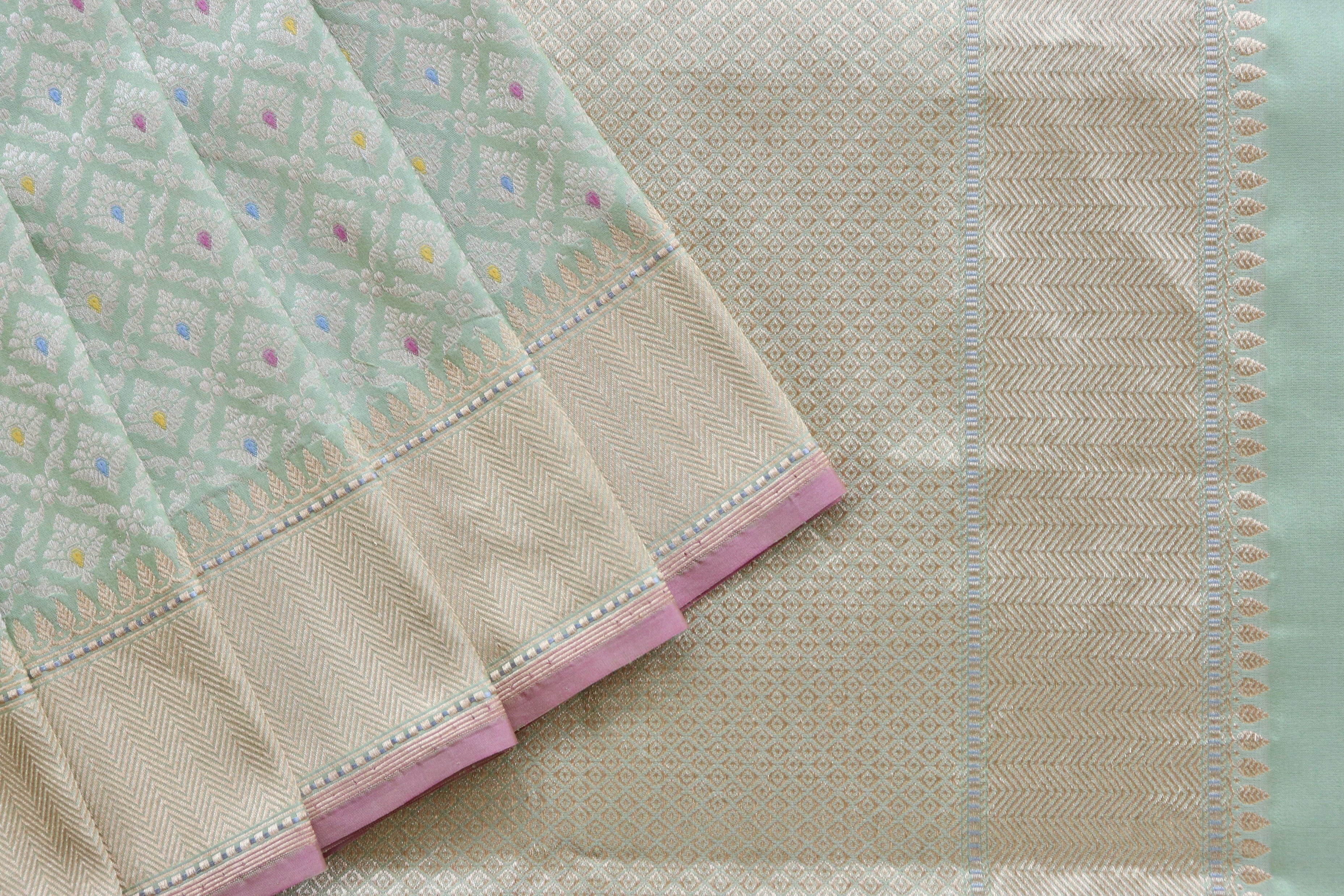 Pistachio Green Meenadar Handwoven Banarasi Tanchoi Silk Saree