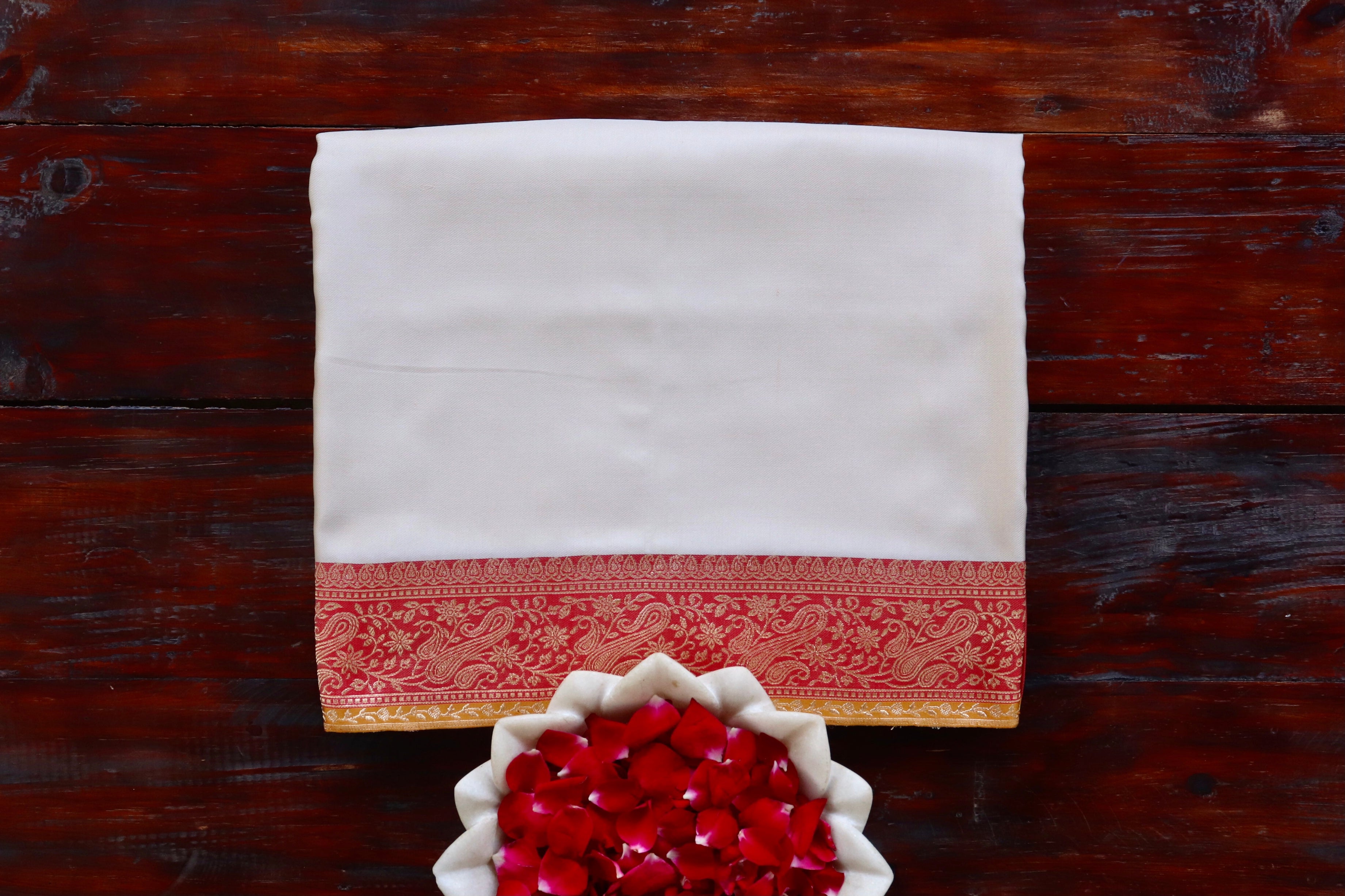 Off White and Red Banarasi Handwoven Silk Saree