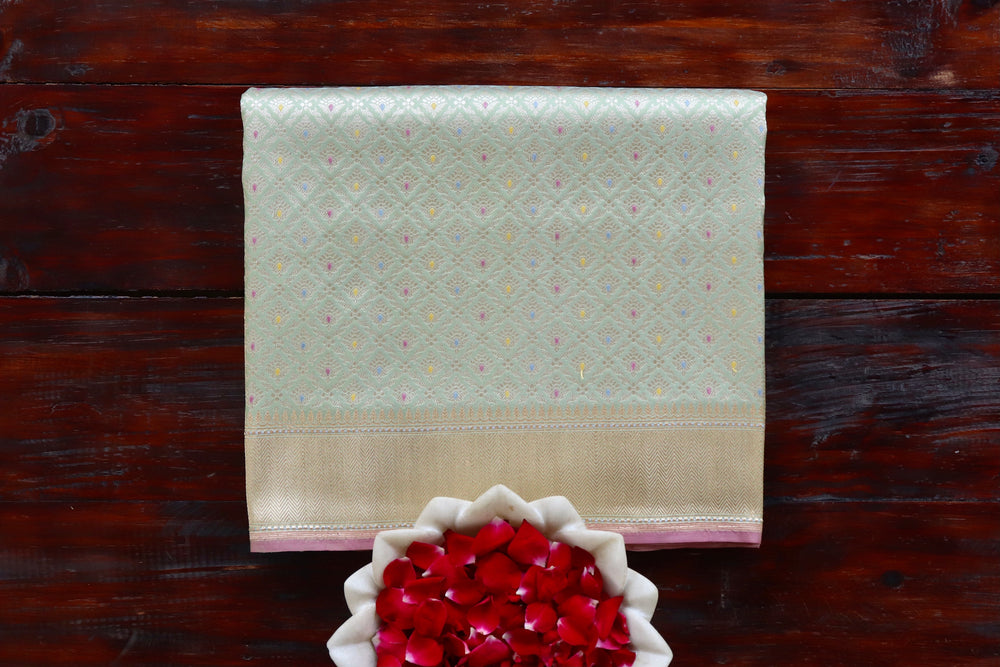 Pistachio Green Meenadar Banarasi Tanchoi Silk Saree | Stuti Weaves