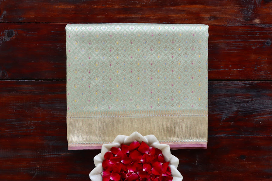 Pistachio Green Meenadar Banarasi Tanchoi Silk Saree | Stuti Weaves