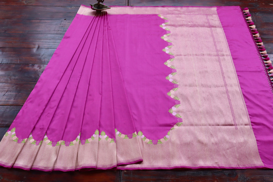 Purple Floral Border Pure Silk Banarasi Saree | Stuti Weaves