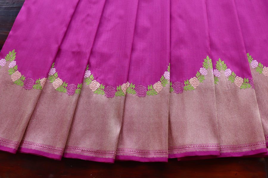 Purple Floral Border Pure Silk Banarasi Saree | Stuti Weaves