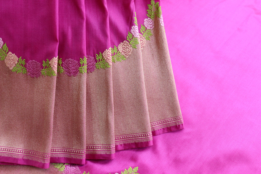 Purple Floral Border Pure Silk Banarasi Saree | Stuti Weaves