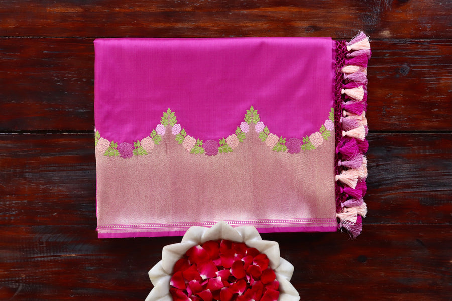 Purple Floral Border Pure Silk Banarasi Saree | Stuti Weaves