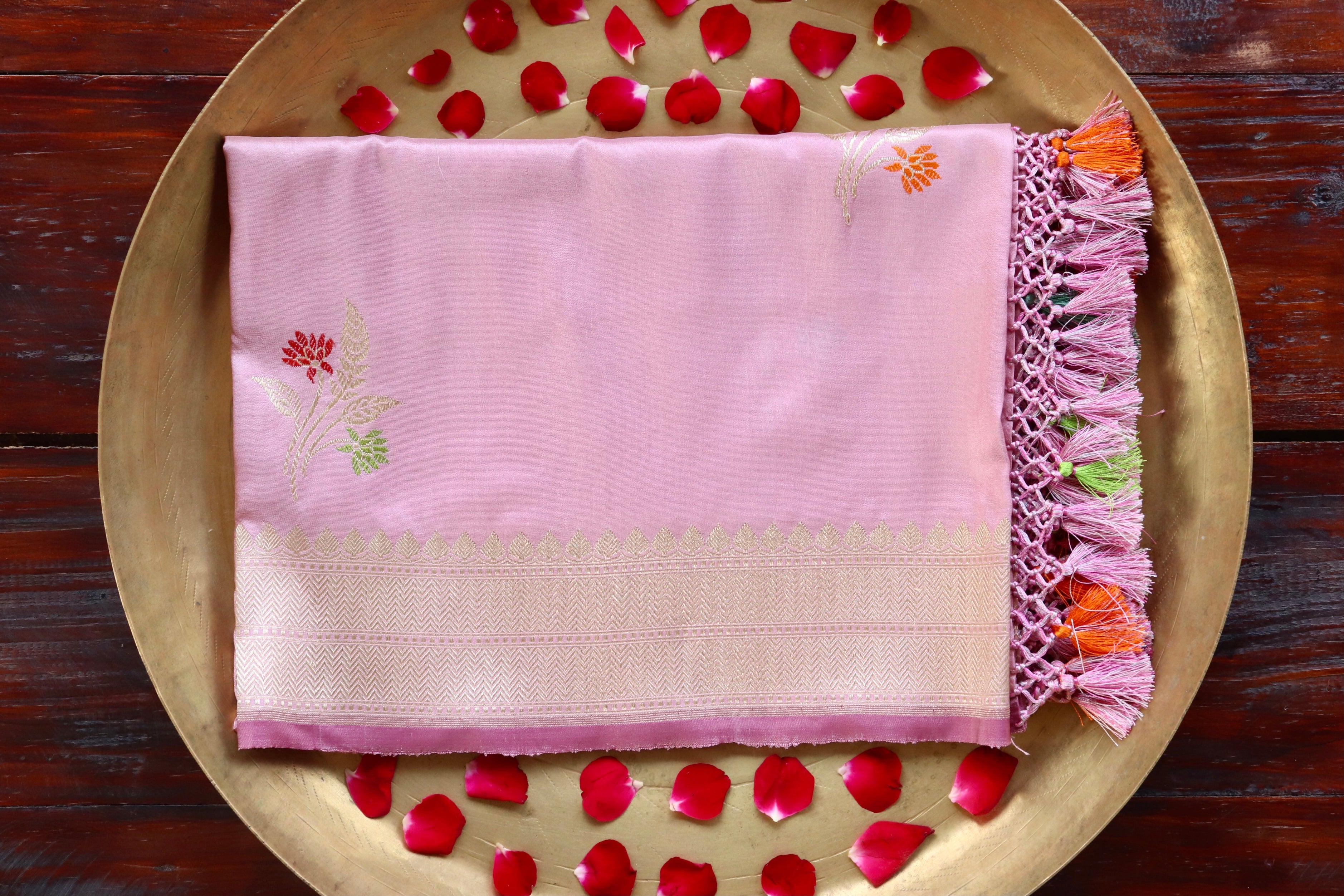Light Pink Leaf Motif Pure Silk Handloom Banarasi Dupatta