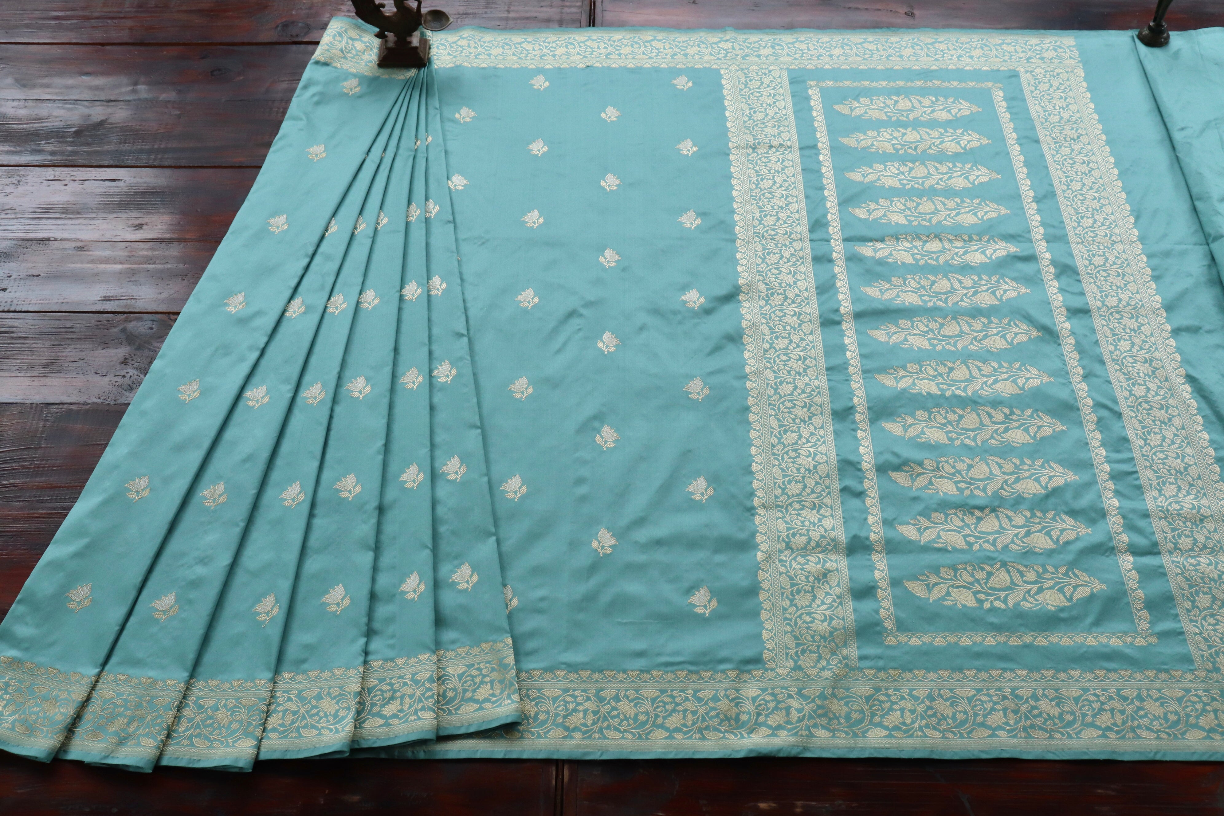 Sky Blue Lotus Motif Pure Katan Silk Handloom Banarasi Saree