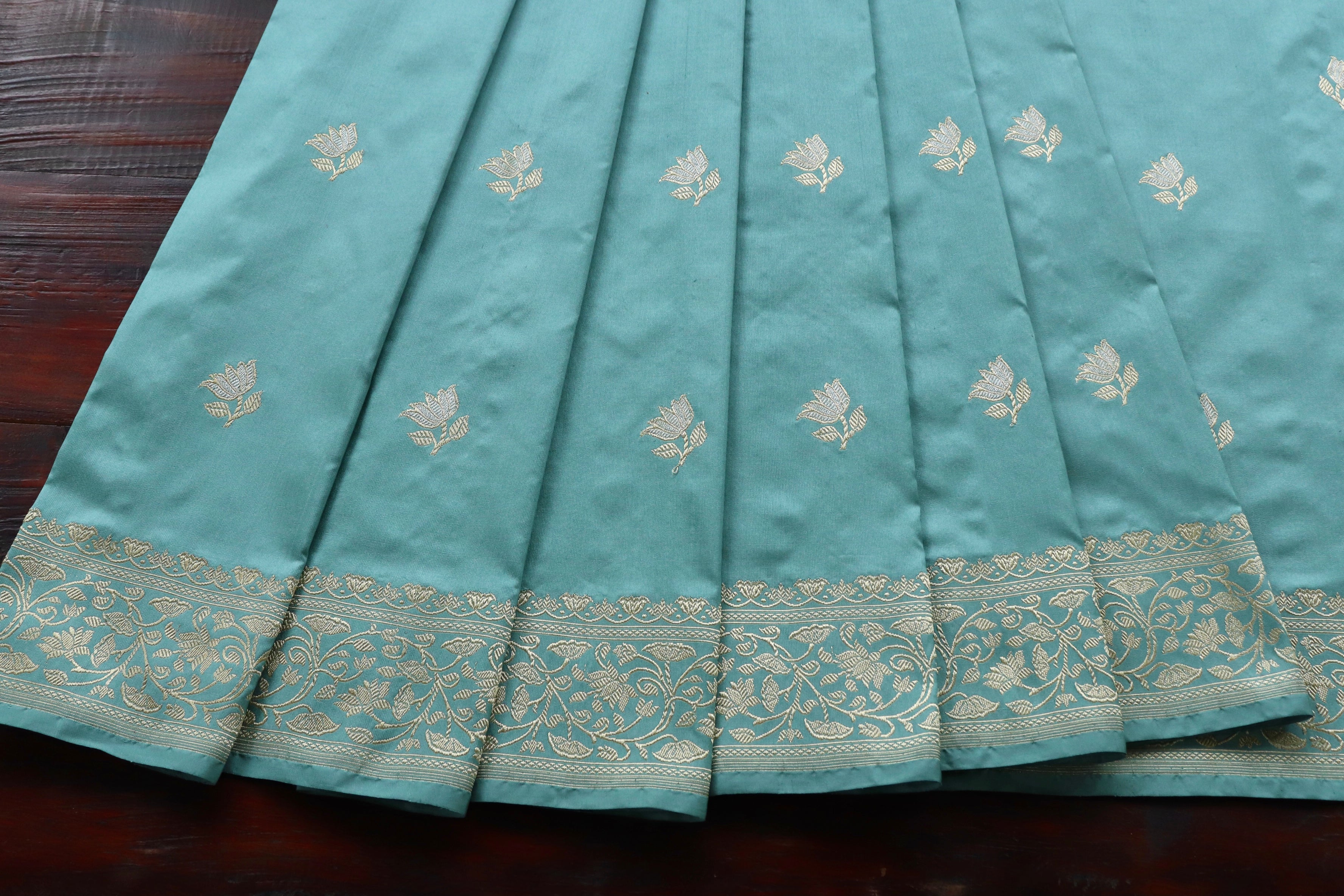 Sky Blue Lotus Motif Pure Katan Silk Handloom Banarasi Saree