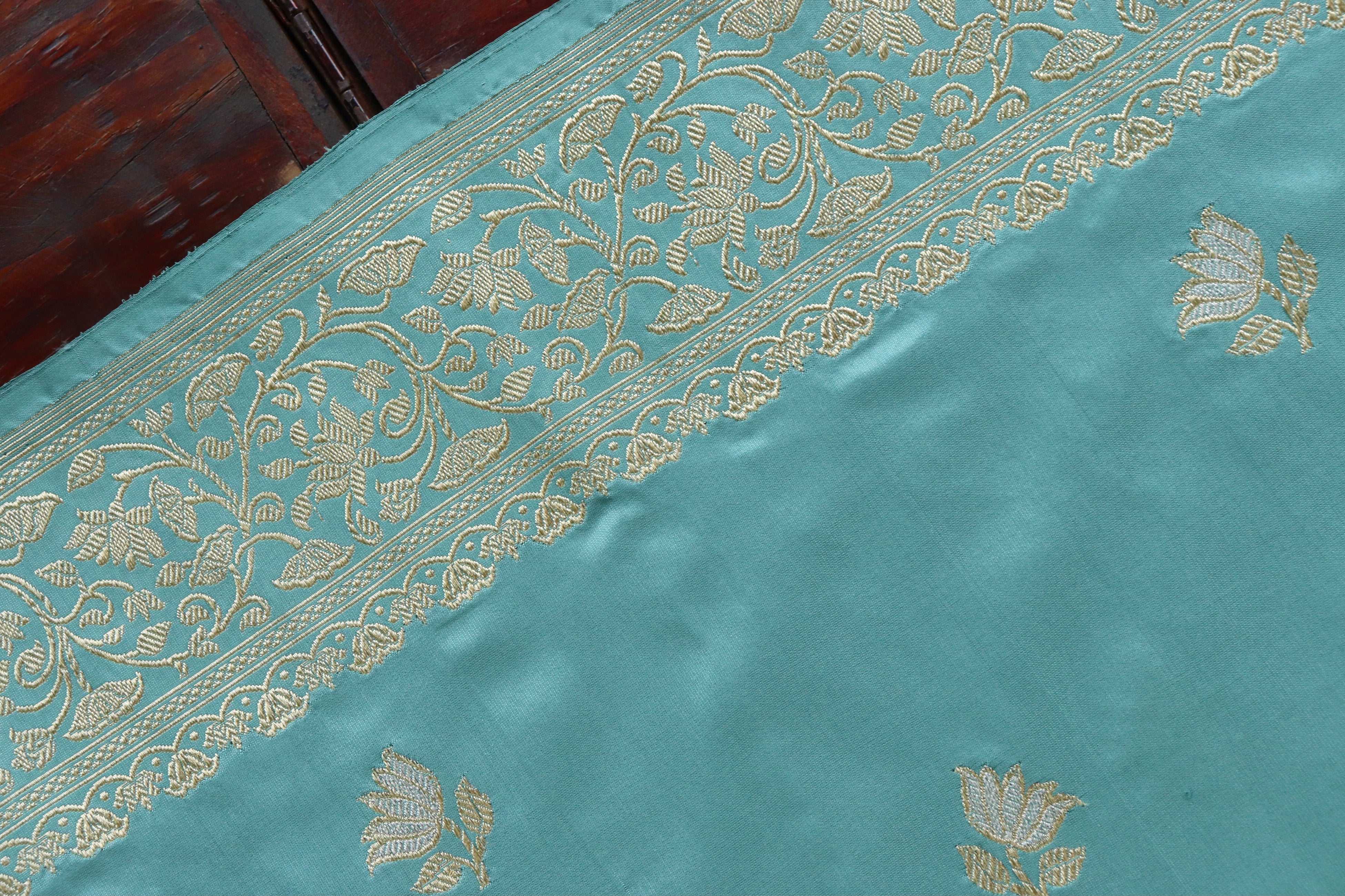 Sky Blue Lotus Motif Pure Katan Silk Handloom Banarasi Saree