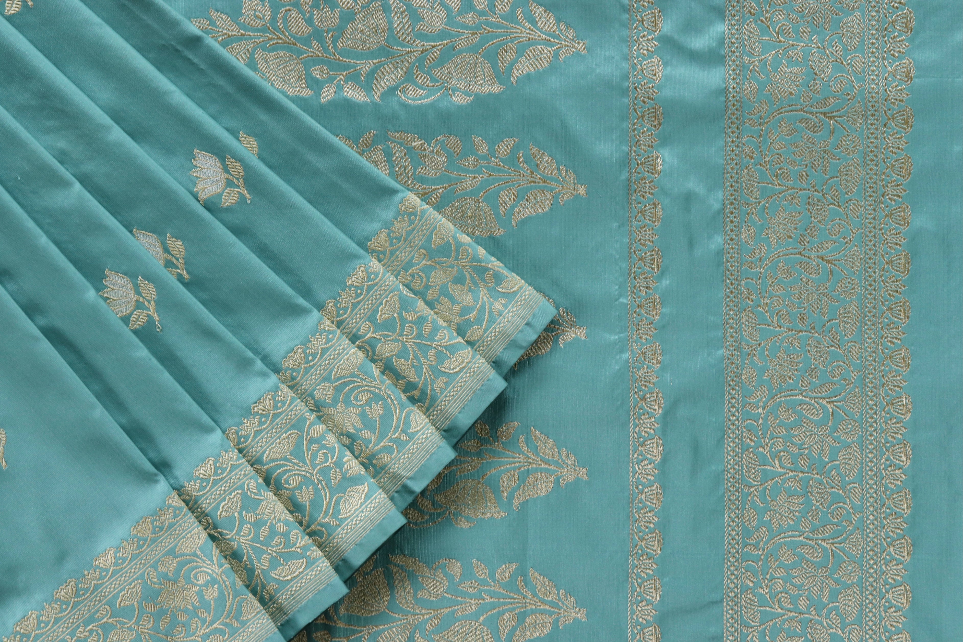 Sky Blue Lotus Motif Pure Katan Silk Handloom Banarasi Saree