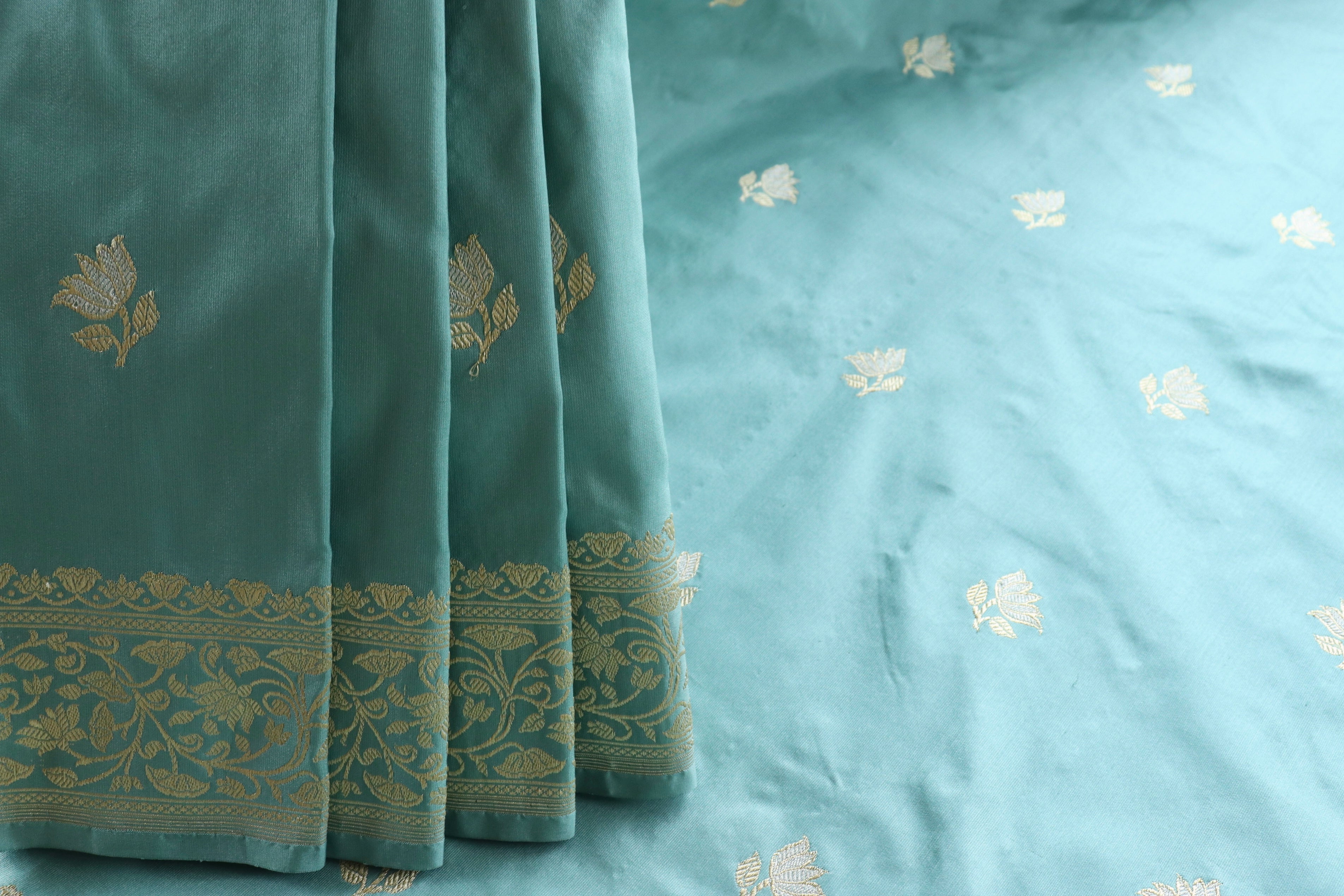 Sky Blue Lotus Motif Pure Katan Silk Handloom Banarasi Saree