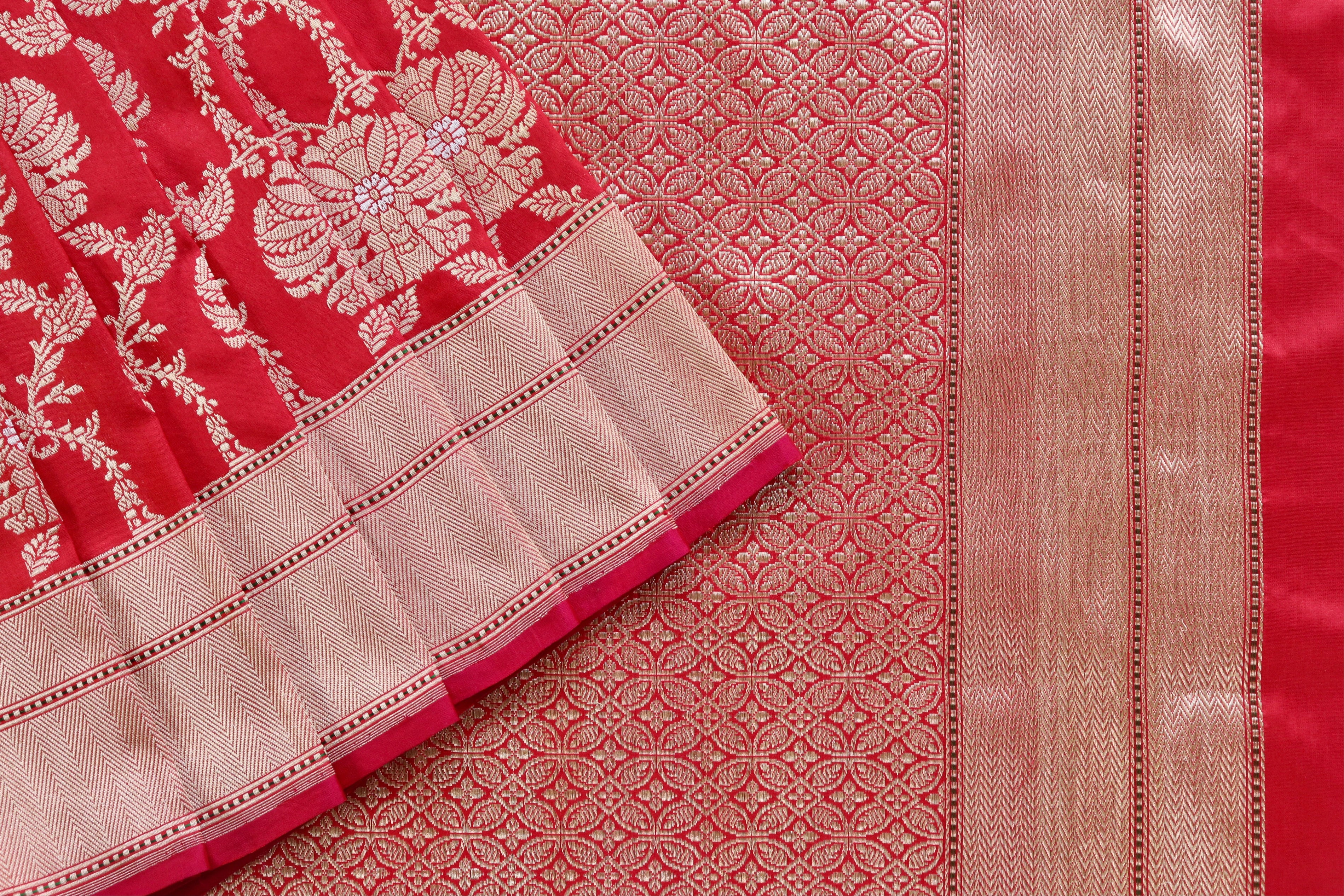 Red Chinar Jangla Pure Silk Handloom Banarasi Saree