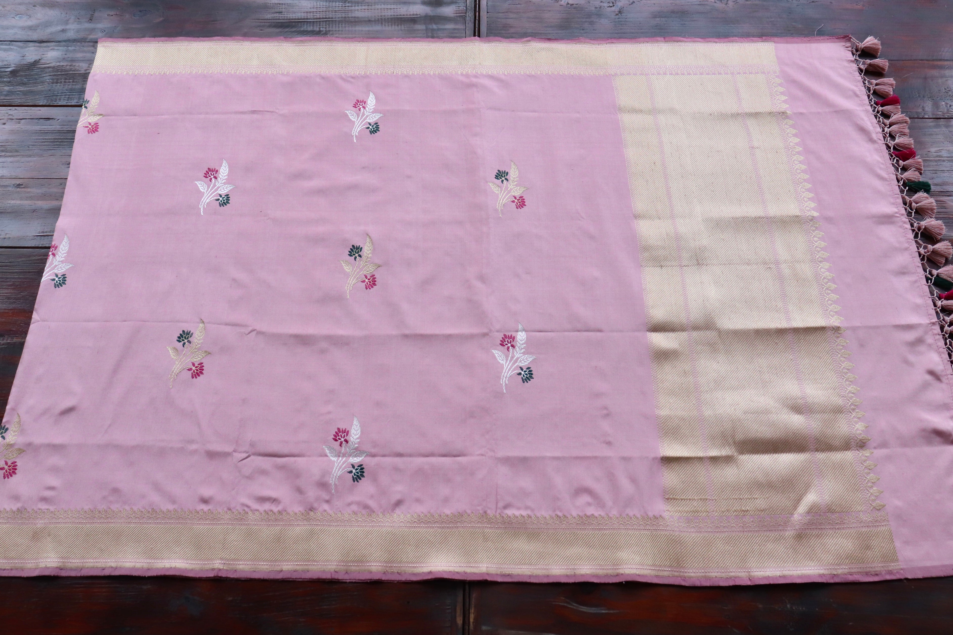 Baby Pink Leaf Motif Pure Silk Handloom Banarasi Dupatta