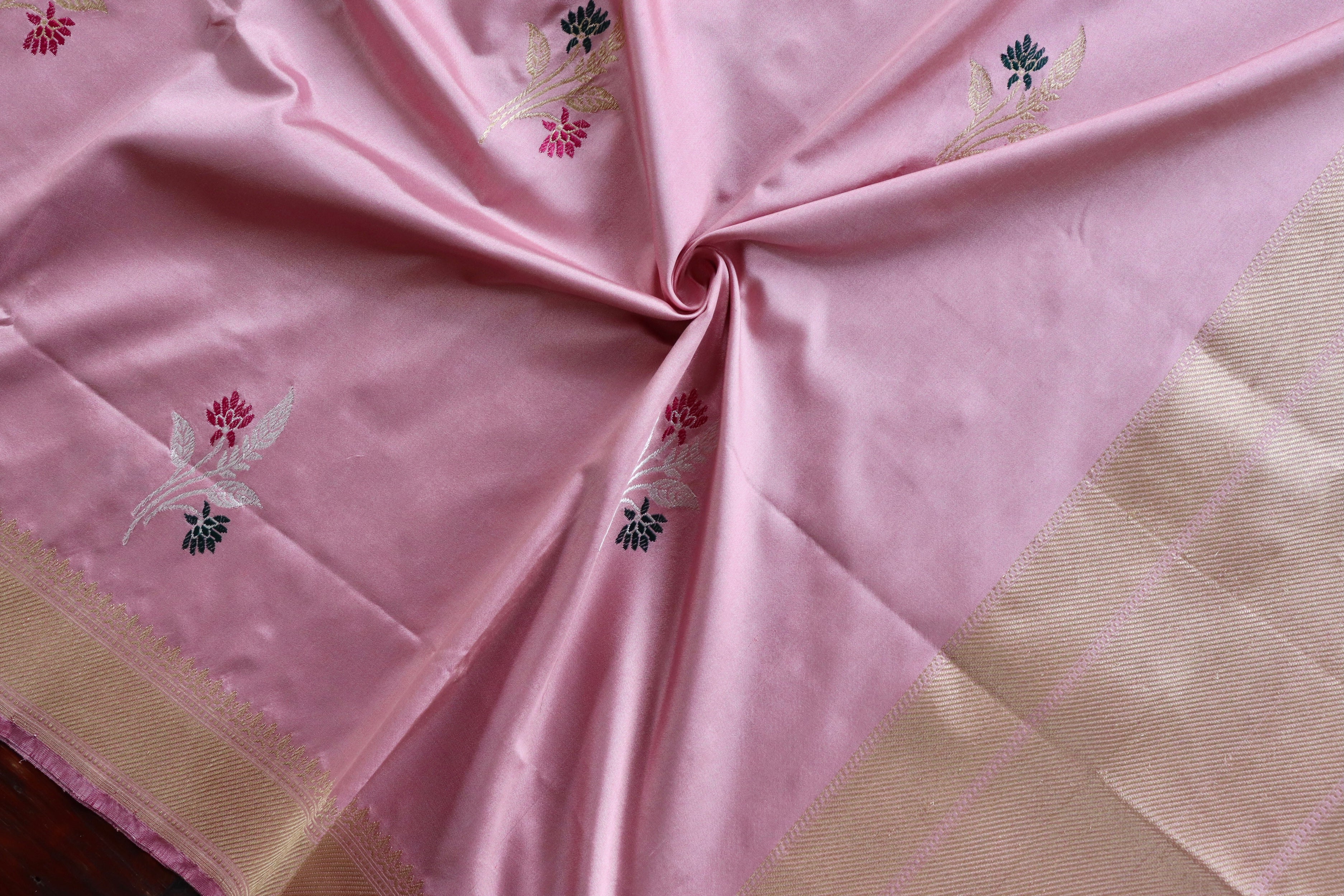 Baby Pink Leaf Motif Pure Silk Handloom Banarasi Dupatta