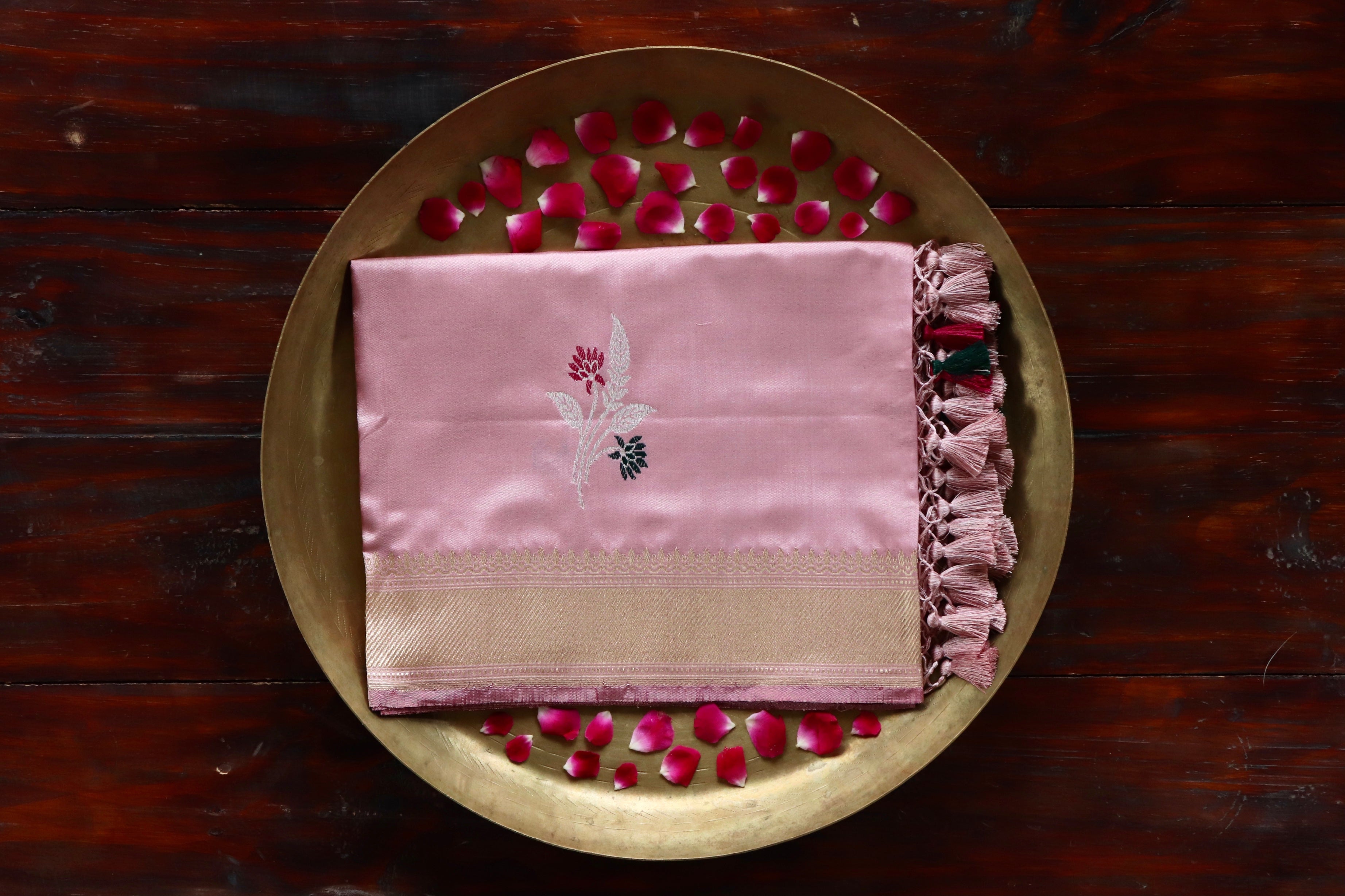 Baby Pink Leaf Motif Pure Silk Handloom Banarasi Dupatta