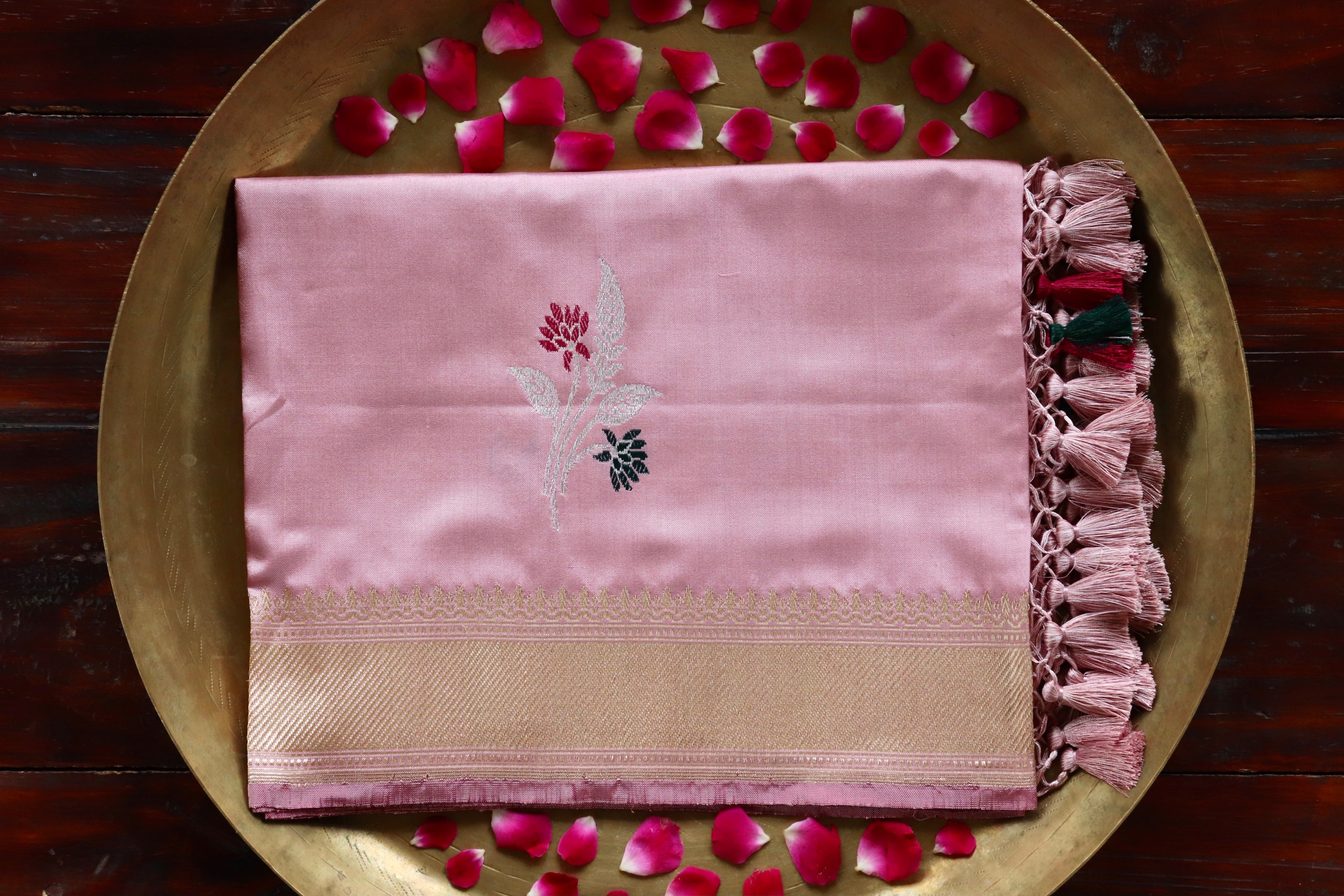 Baby Pink Leaf Motif Pure Silk Handloom Banarasi Dupatta