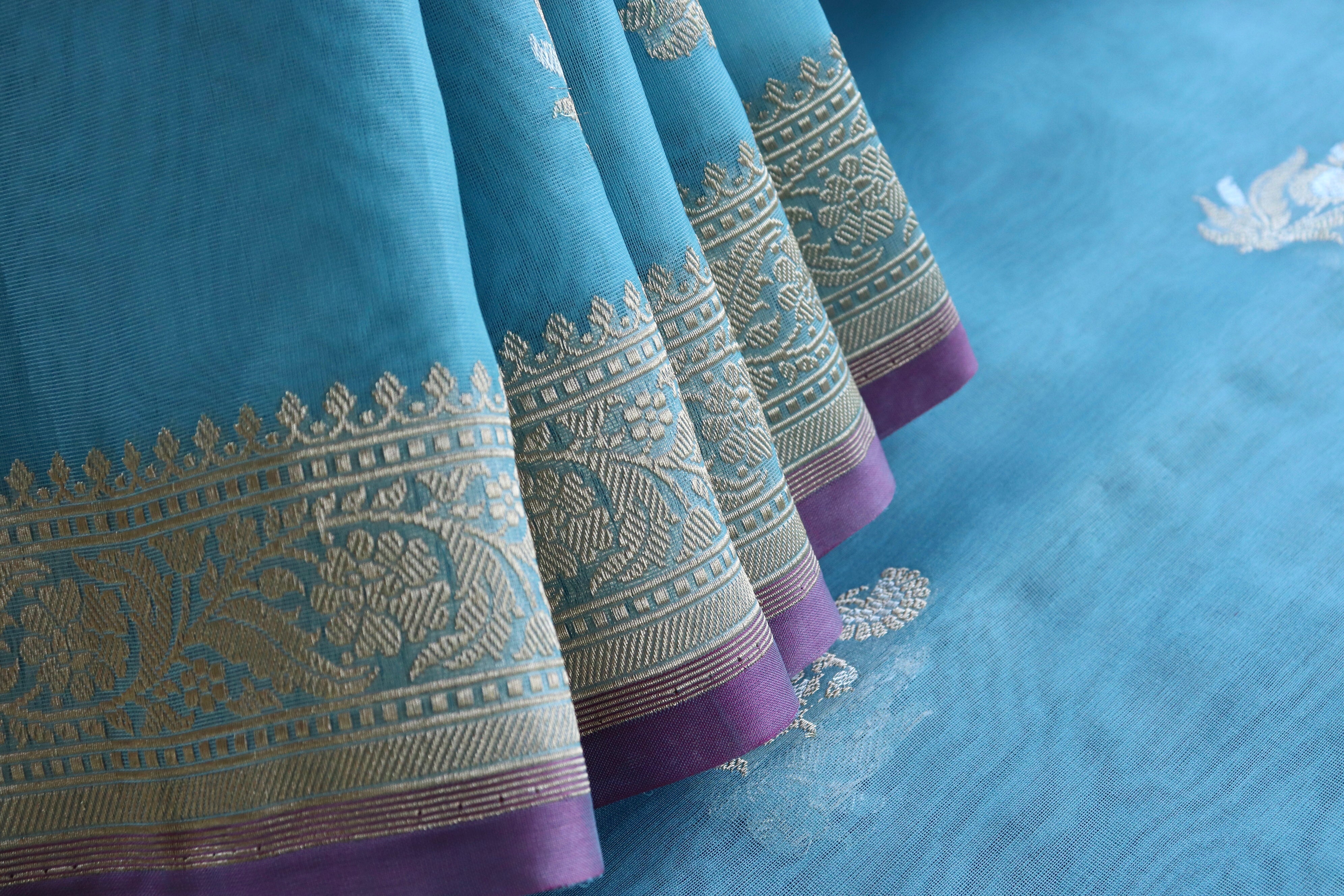 Sky Blue Guldasta Motif Pure Kora Silk Handloom Saree
