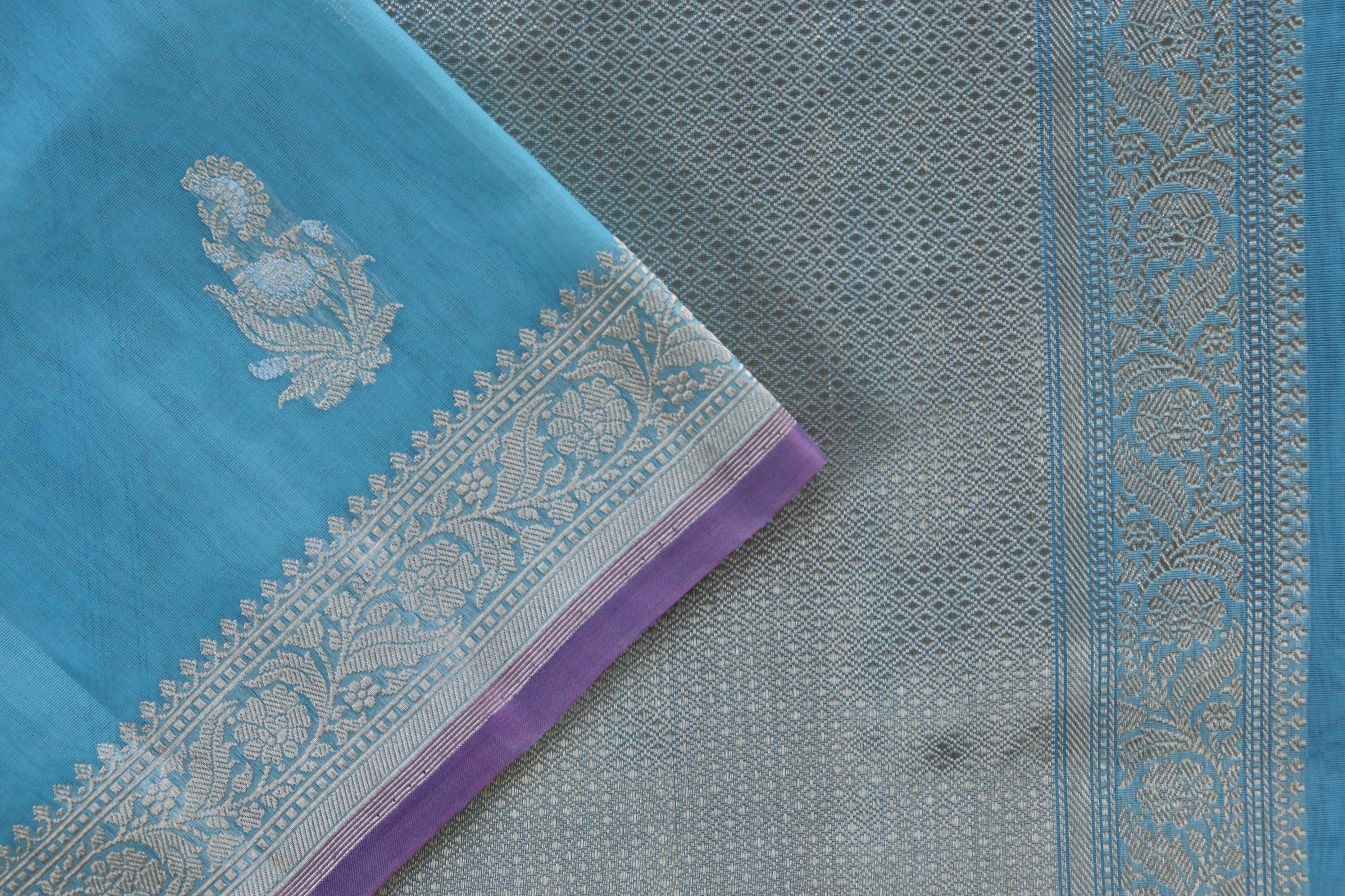 Sky Blue Guldasta Motif Pure Kora Silk Handloom Saree