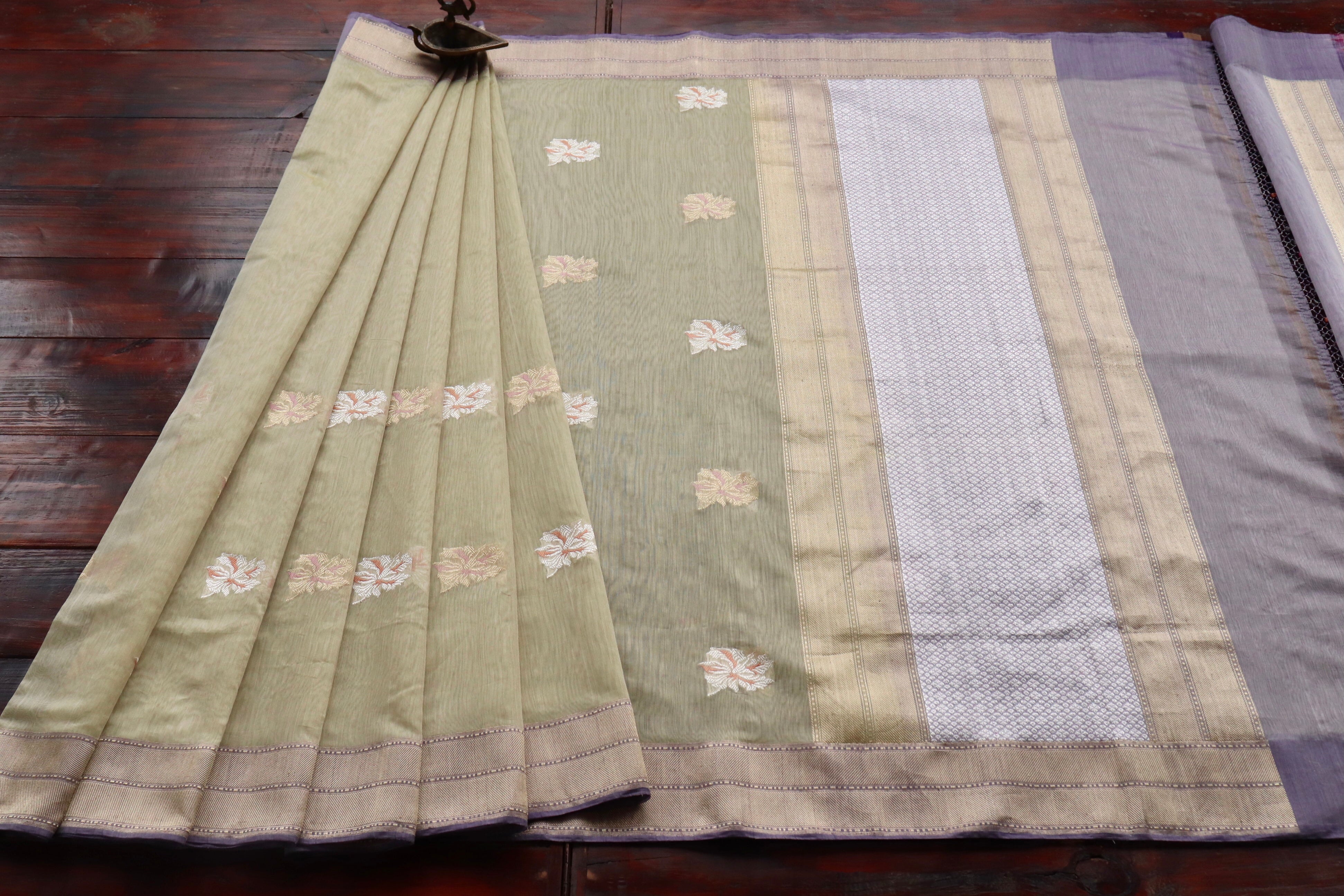 Beige & Purple Organza Kora By Cotton Handloom Saree