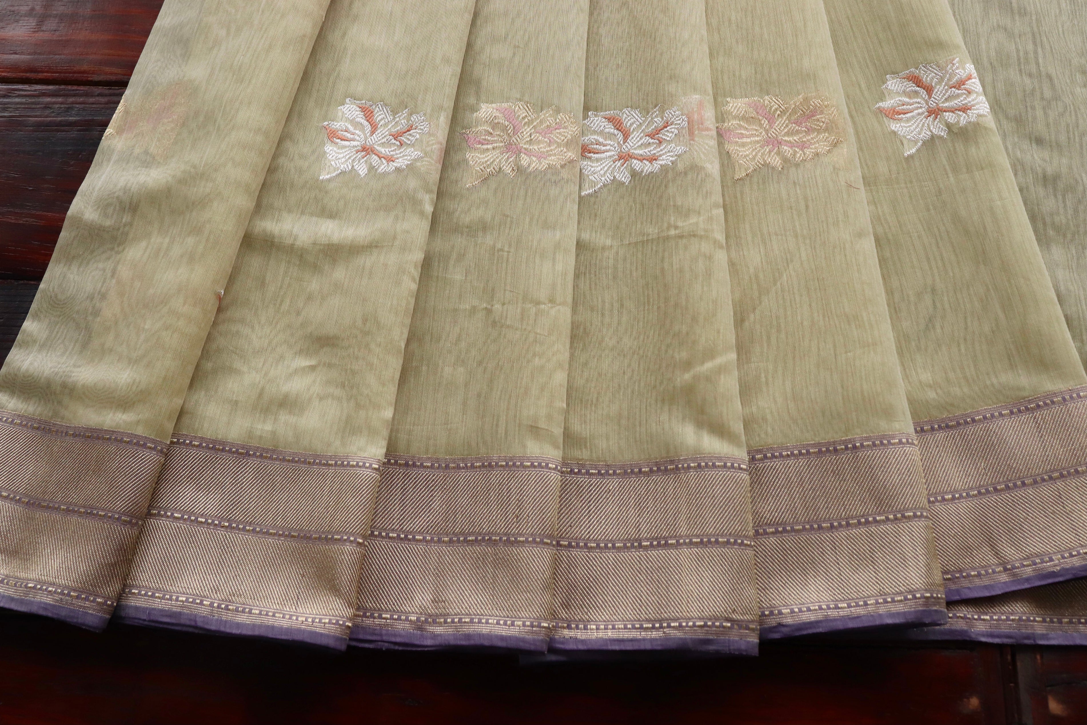 Beige & Purple Organza Kora By Cotton Handloom Saree