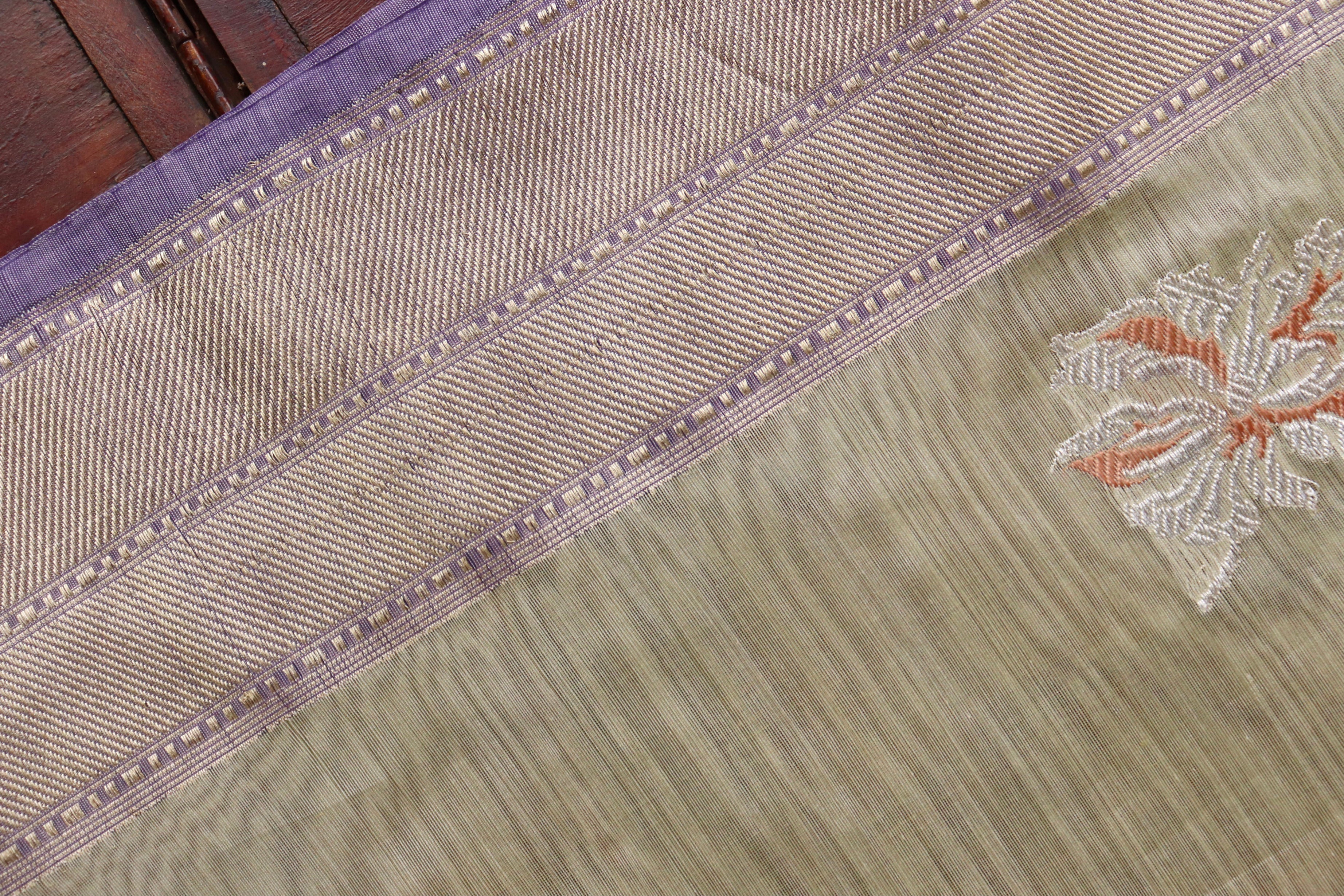 Beige & Purple Organza Kora By Cotton Handloom Saree