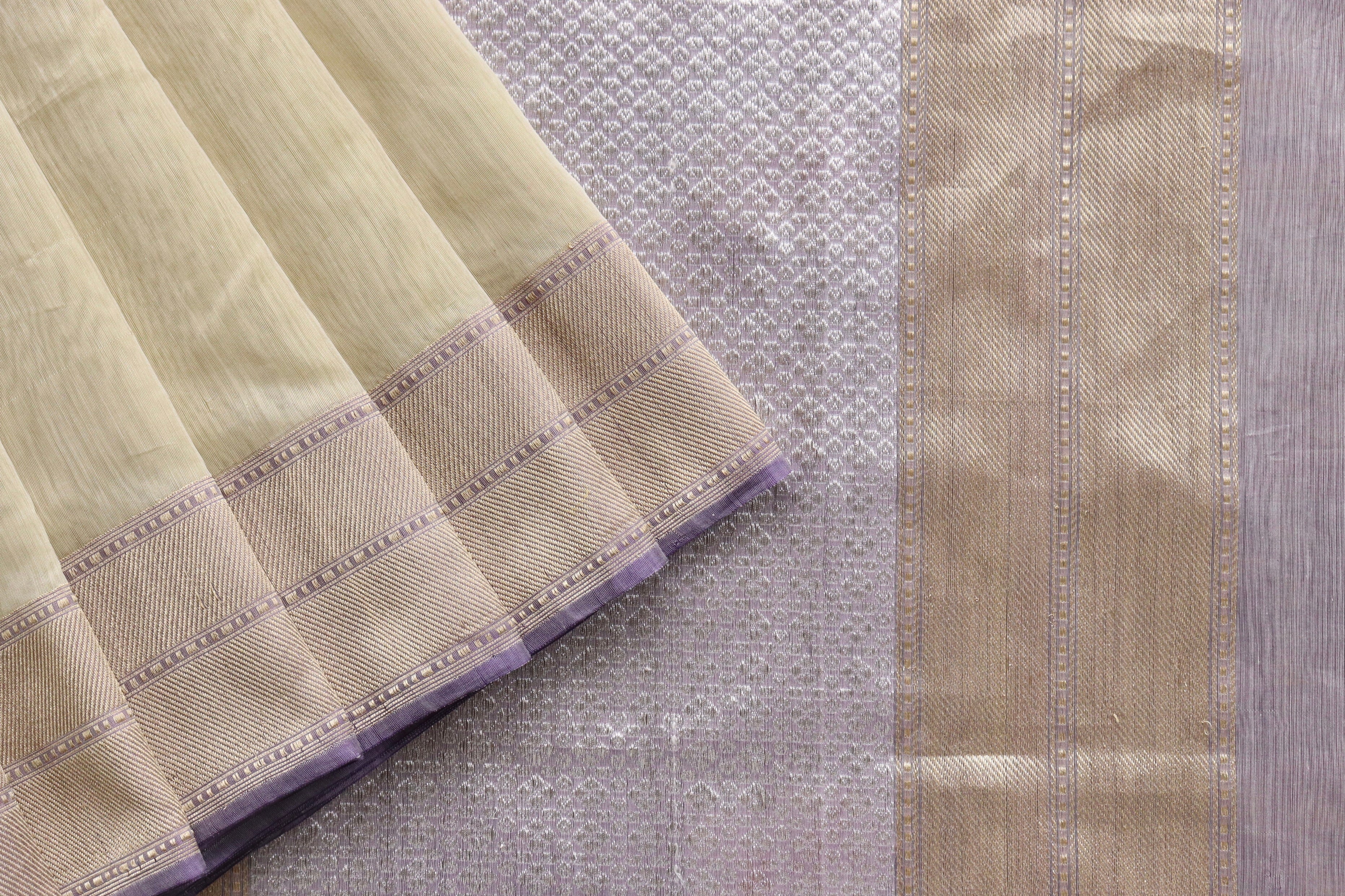 Beige & Purple Organza Kora By Cotton Handloom Saree