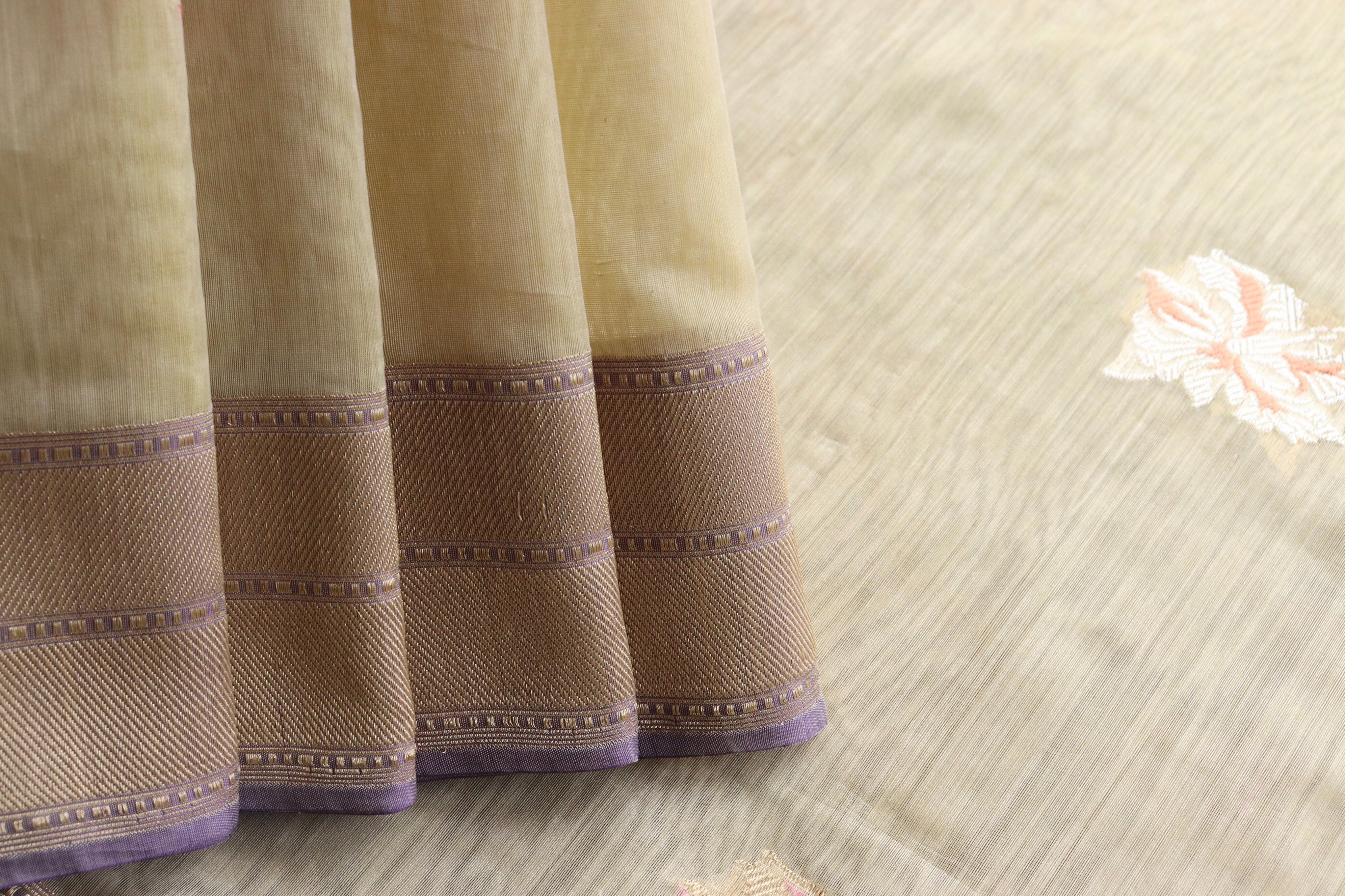 Beige & Purple Organza Kora By Cotton Handloom Saree