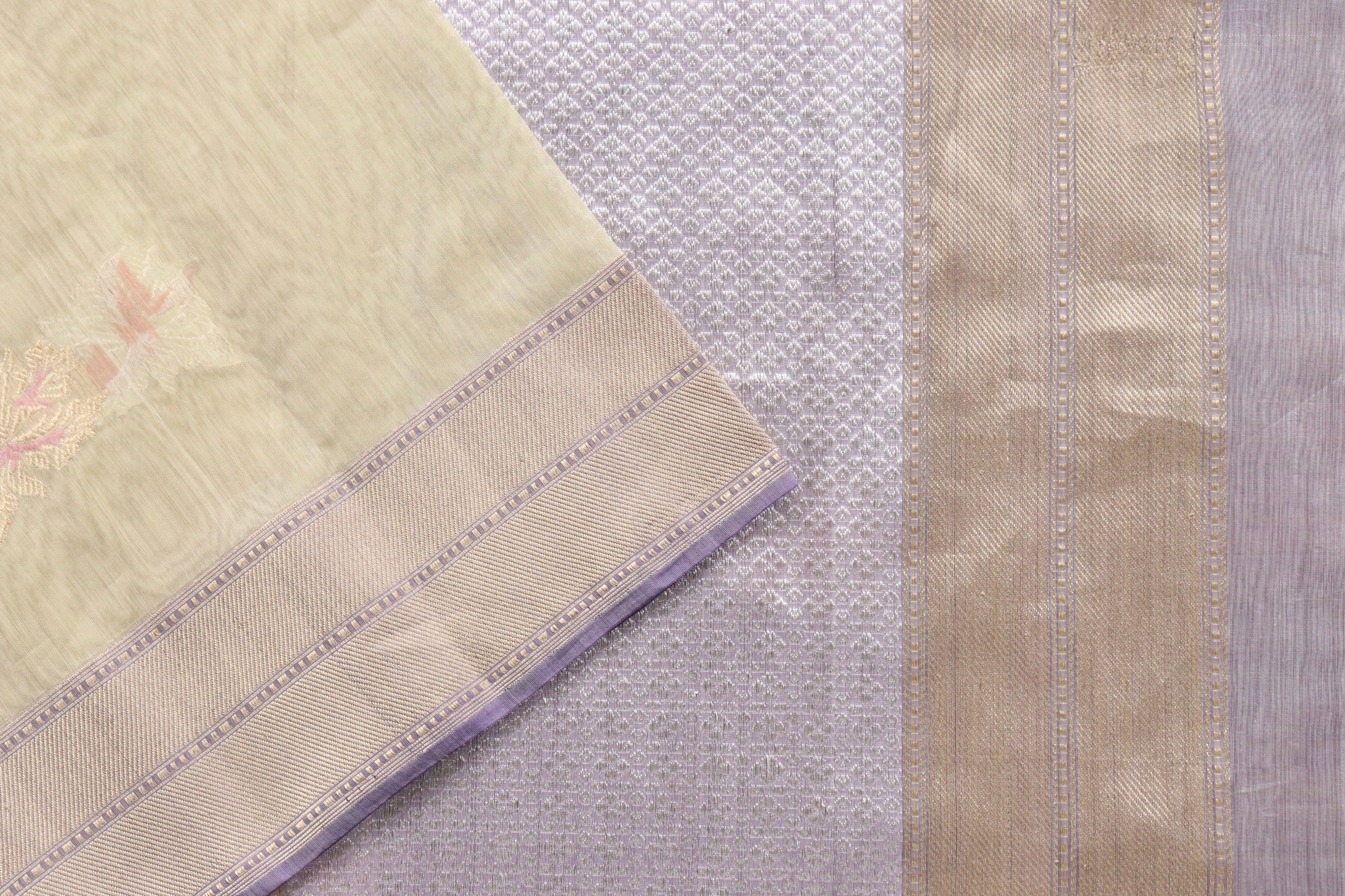Beige & Purple Organza Kora By Cotton Handloom Saree