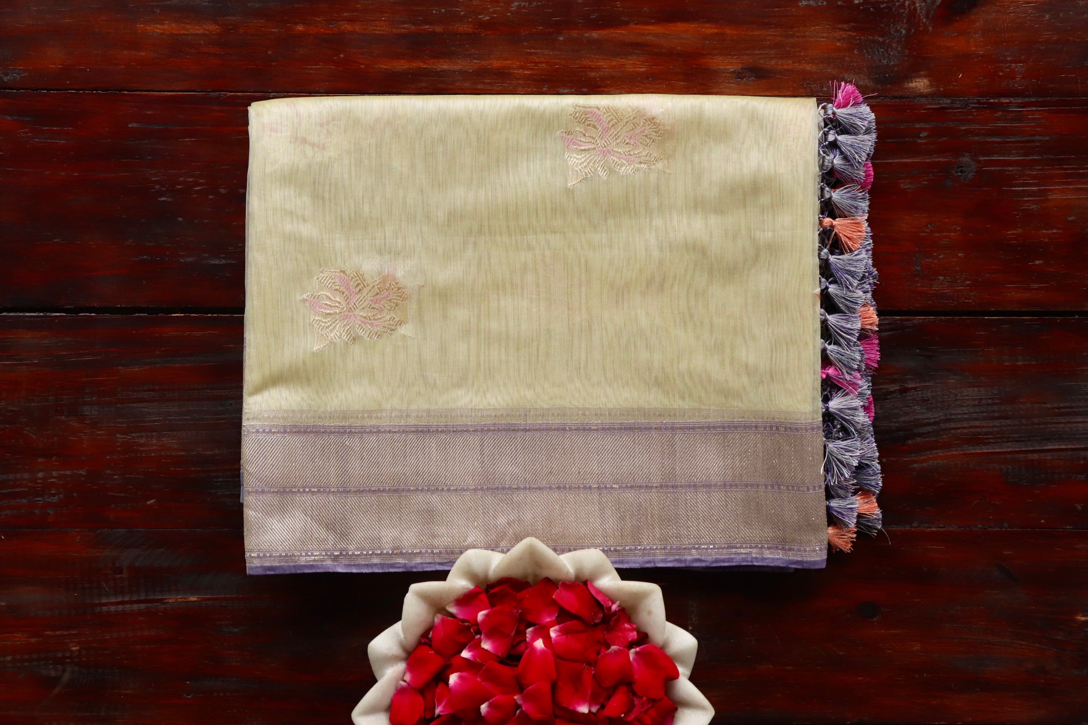 Beige & Purple Organza Kora By Cotton Handloom Saree