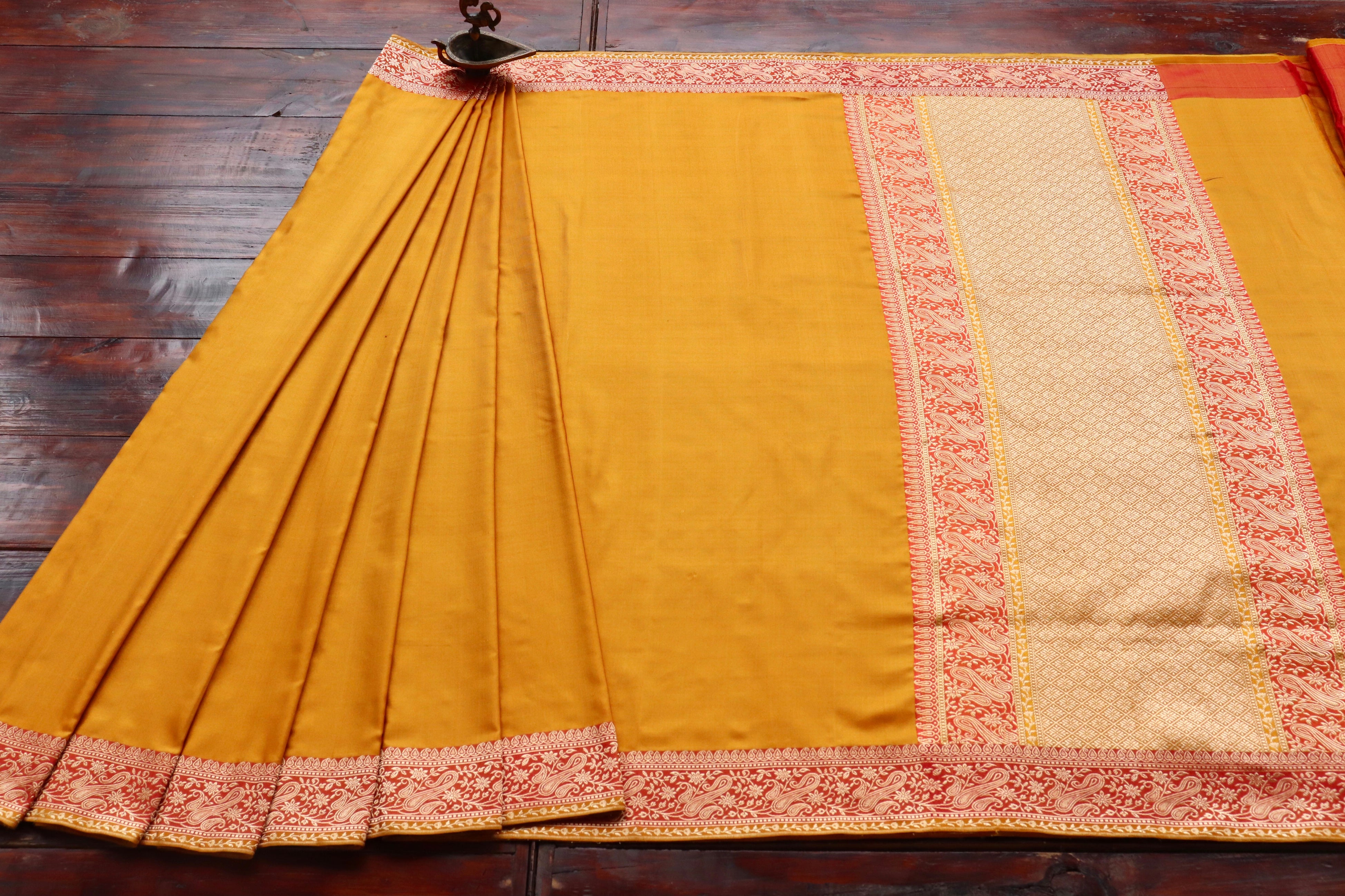Rust 2597 Yellow & Rust Banarasi Handwoven Silk Saree — Stuti Weaves
