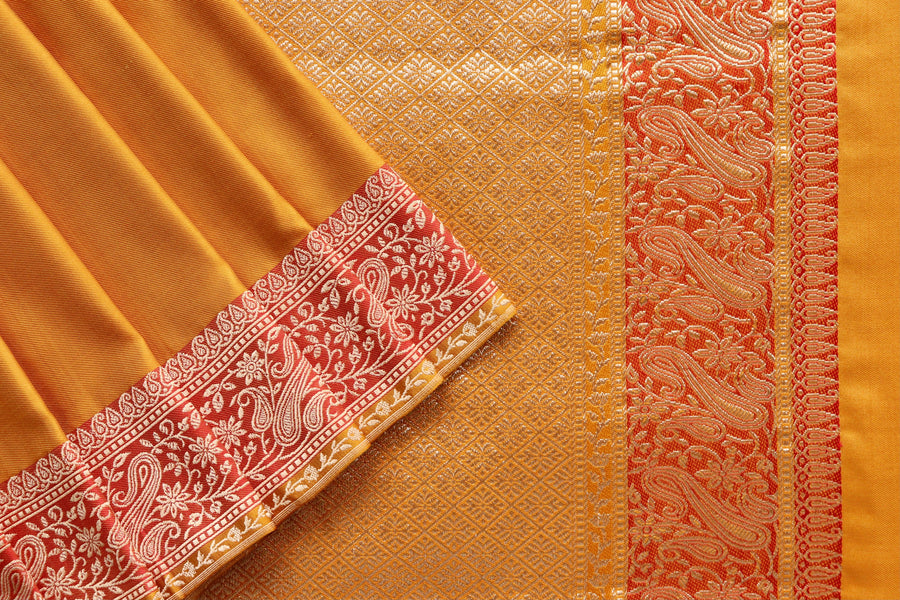 Yellow & Rust Banarasi Silk Saree | Stuti Weaves