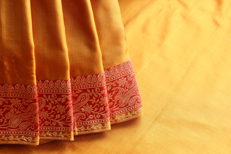 Yellow & Rust Banarasi Silk Saree | Stuti Weaves