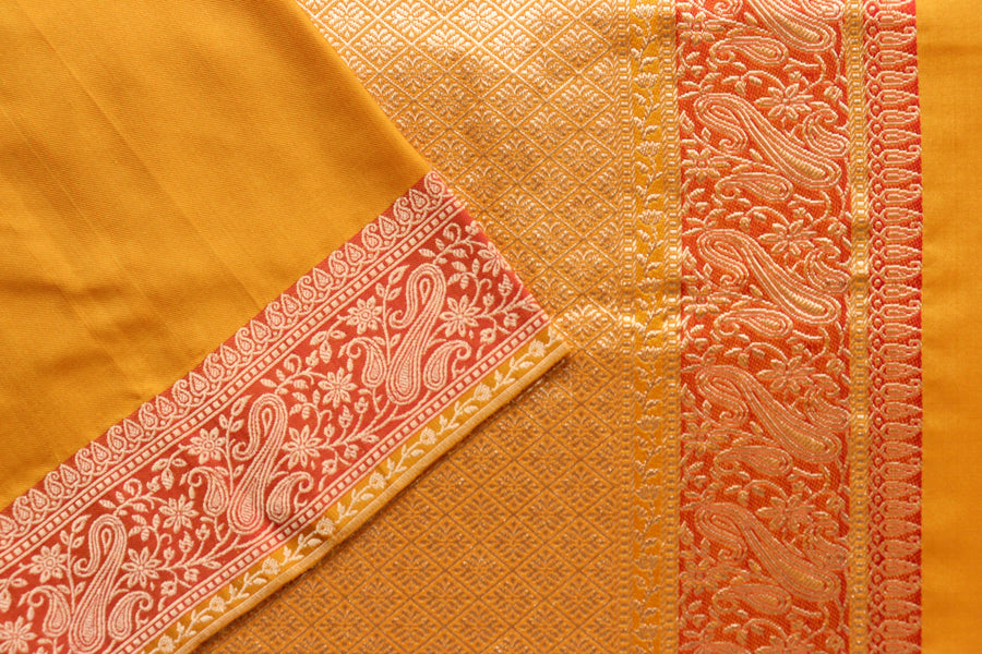 Yellow & Rust Banarasi Silk Saree | Stuti Weaves
