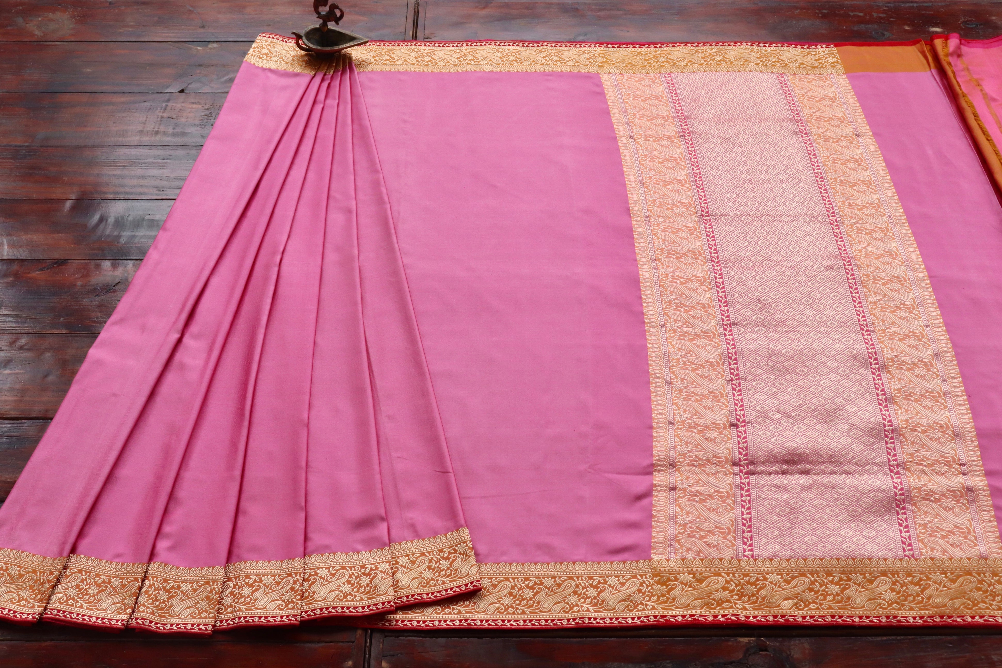 Pink & Orange Banarasi Handwoven Silk Saree