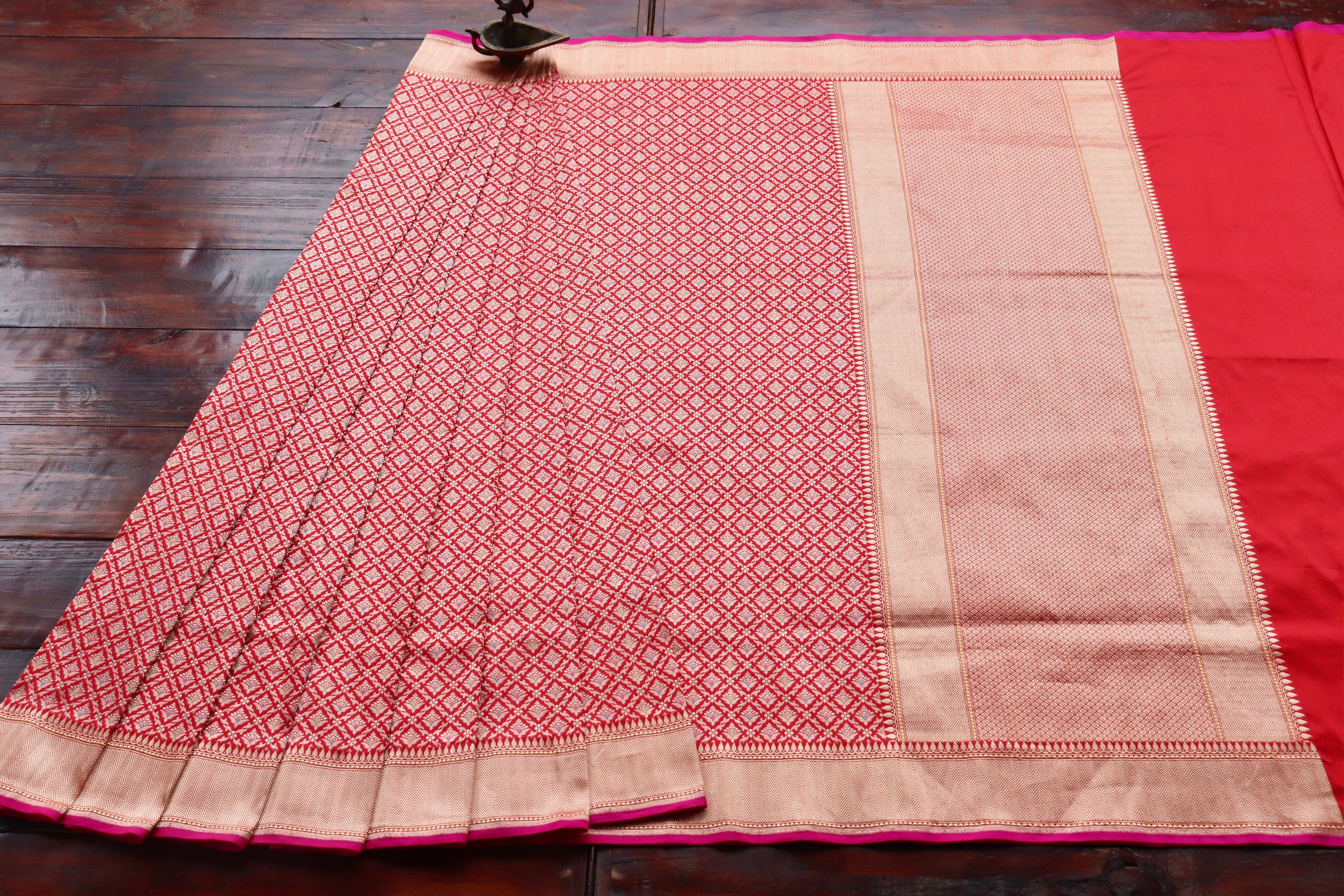 Red Meenadar Handwoven Banarasi Tanchoi Silk Saree