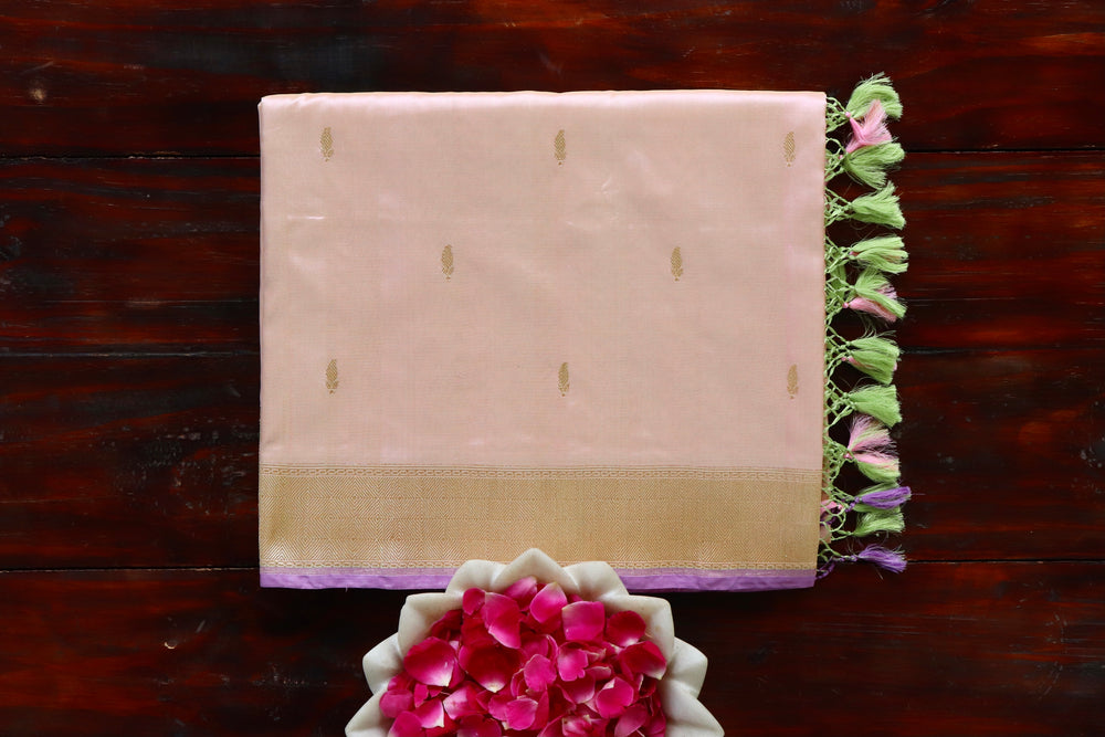 Peachy Pink handloom Banarsi saree with kairy motifs in pure silk