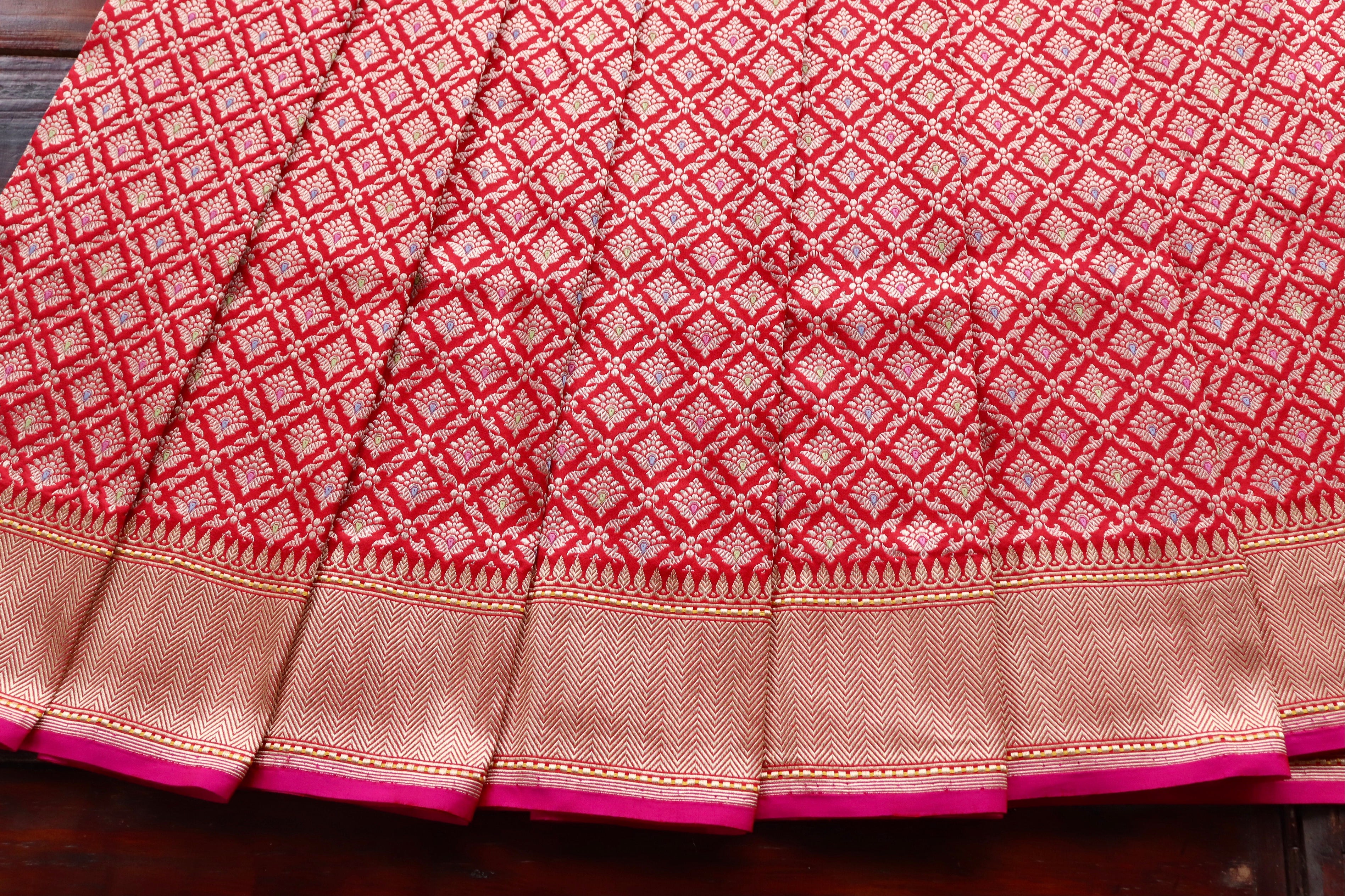 Red Meenadar Handwoven Banarasi Tanchoi Silk Saree