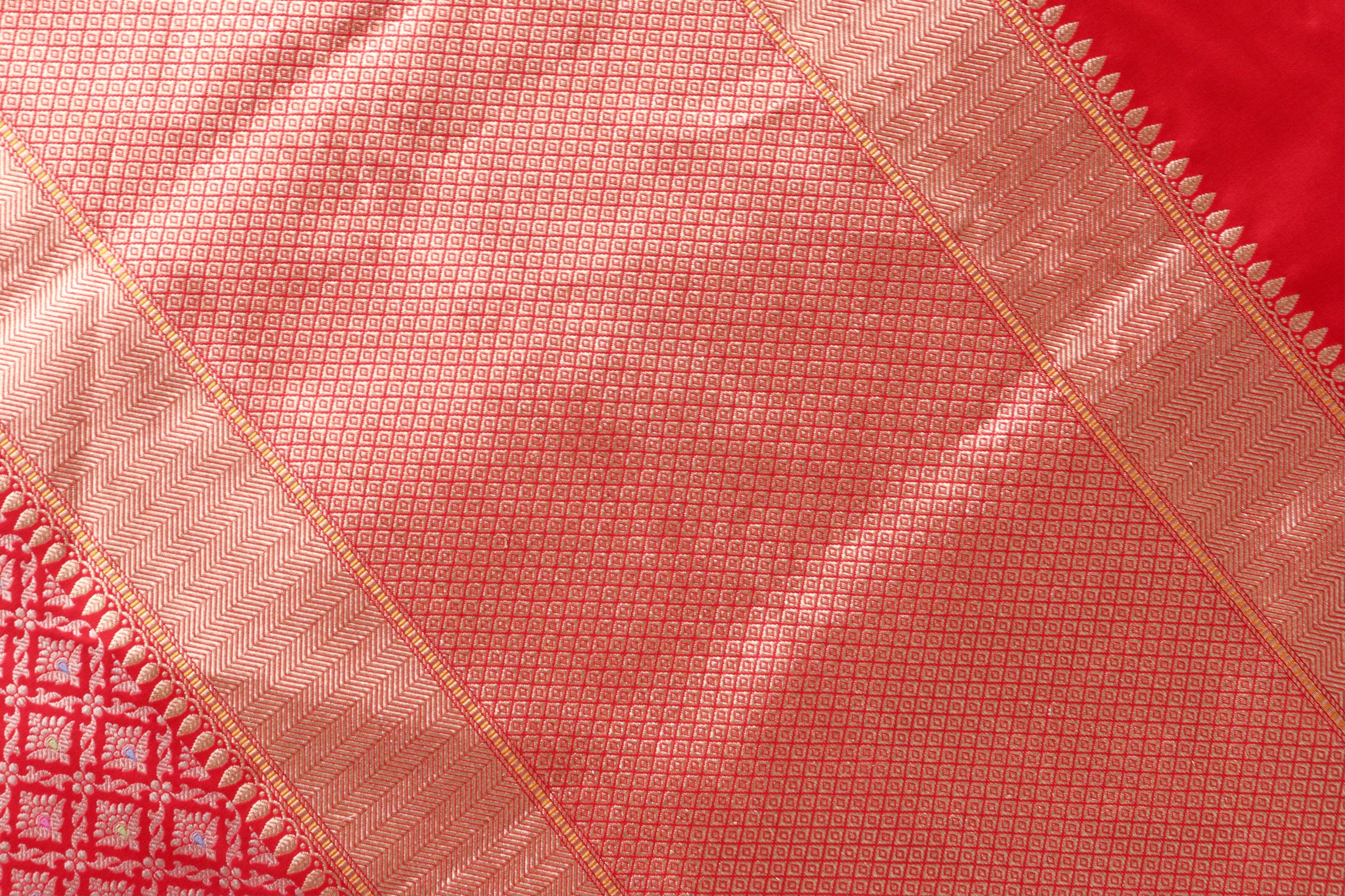Red Meenadar Handwoven Banarasi Tanchoi Silk Saree
