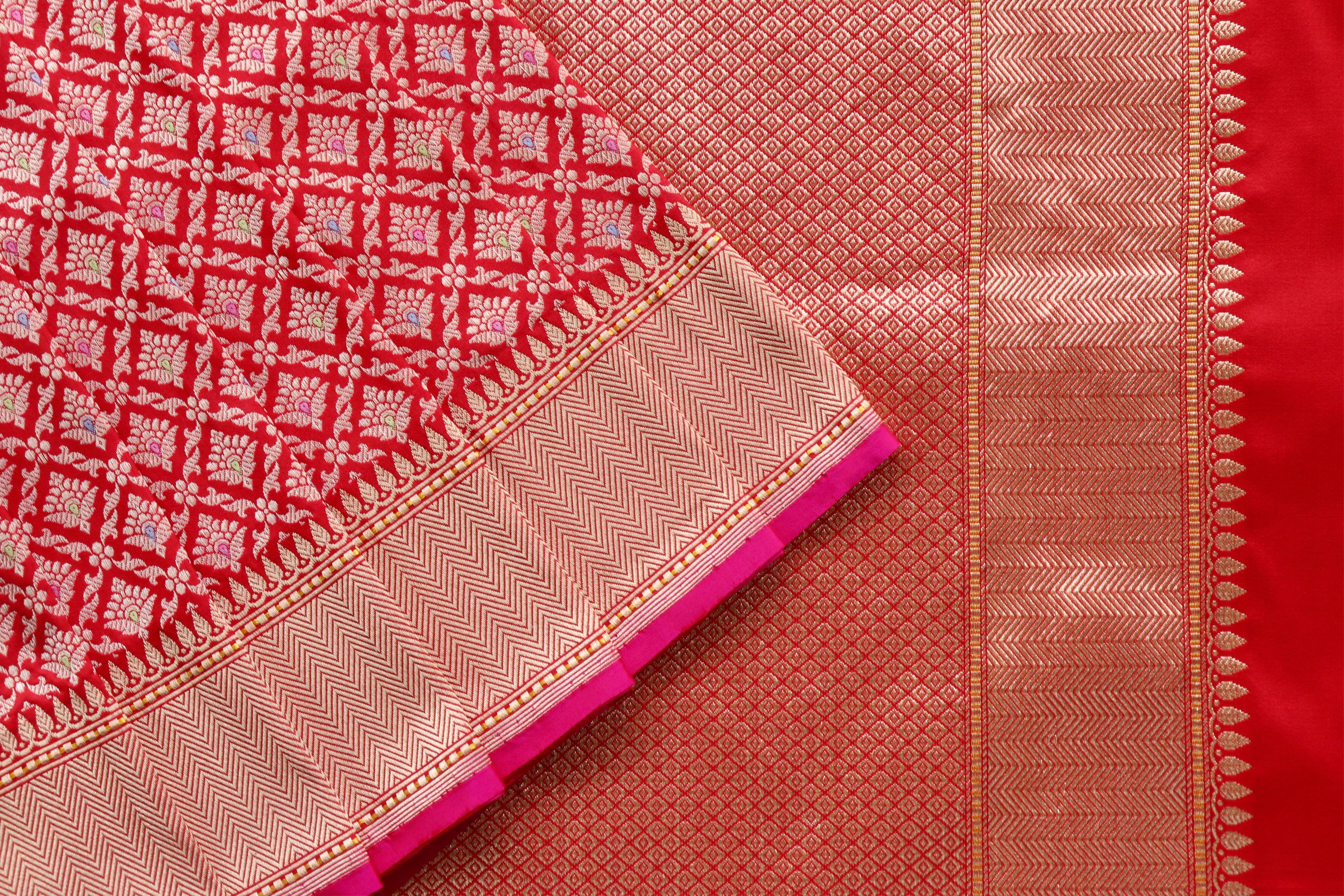 Red Meenadar Handwoven Banarasi Tanchoi Silk Saree